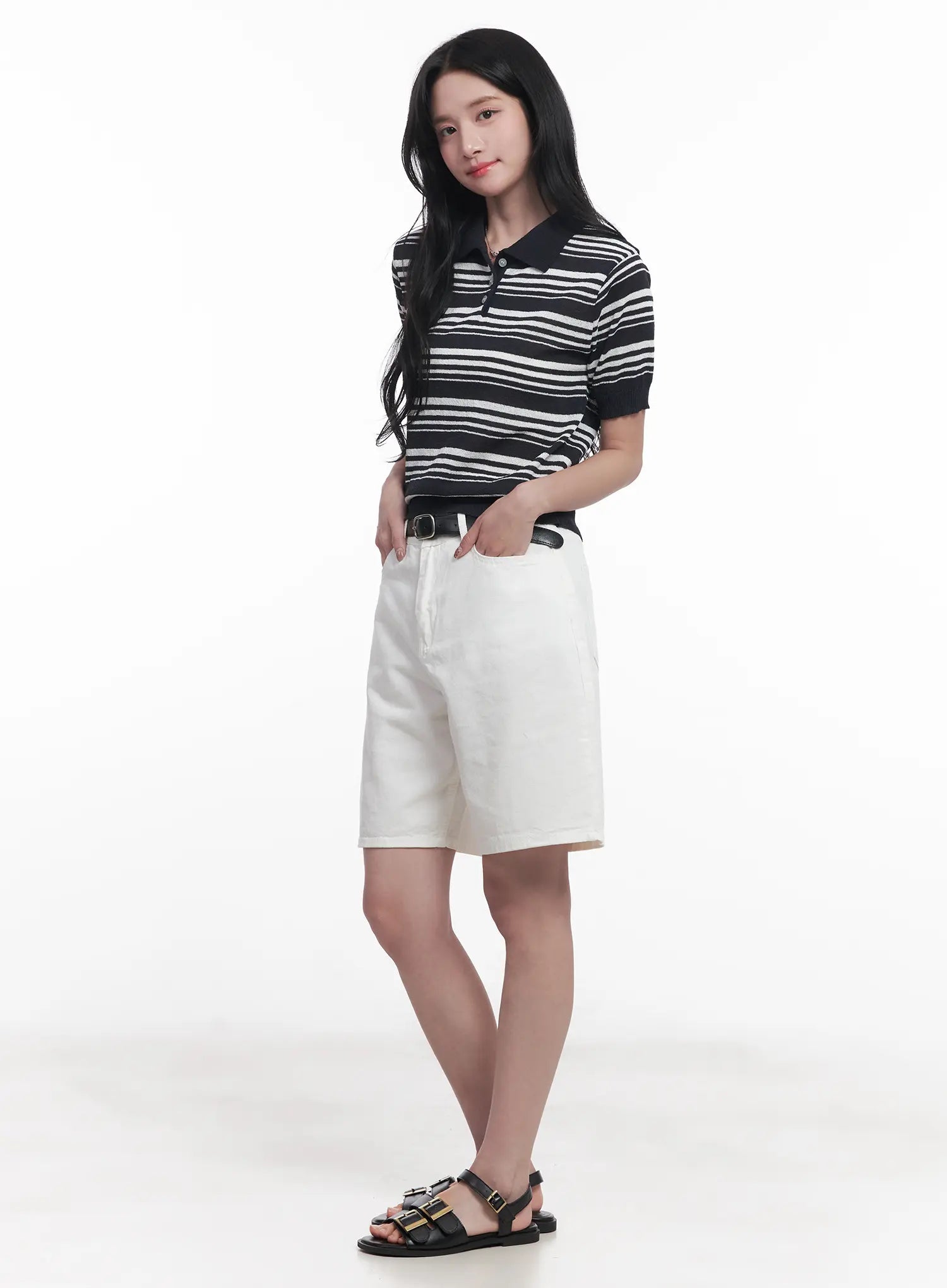 Striped Collared Short-Sleeve Sweater CU525