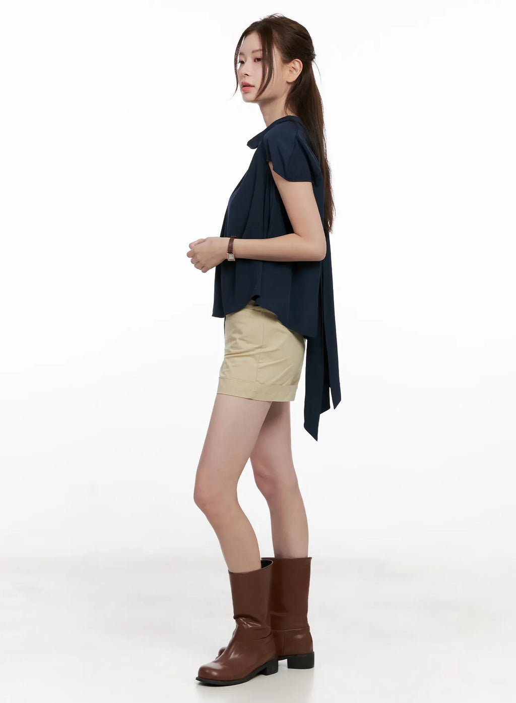 Shirred Ribbon Short-Sleeve Blouse CL523