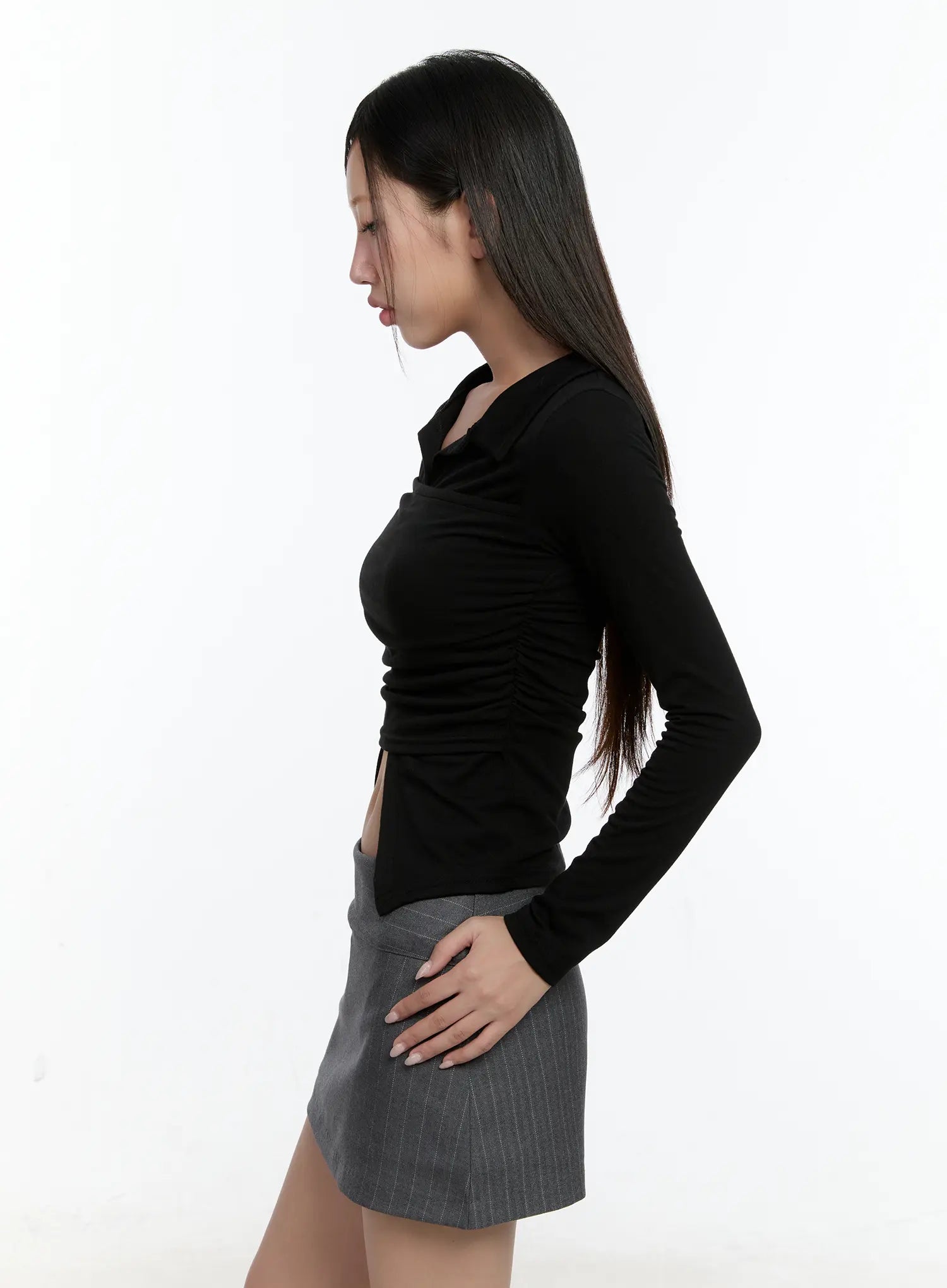 Layered Collar Shirred Long Sleeve Top CS518