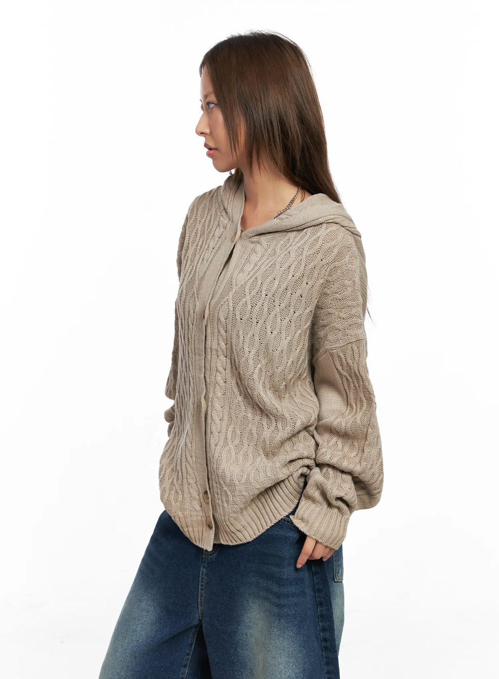 Oversized Cable Knit Button-Up Hoodie CO510