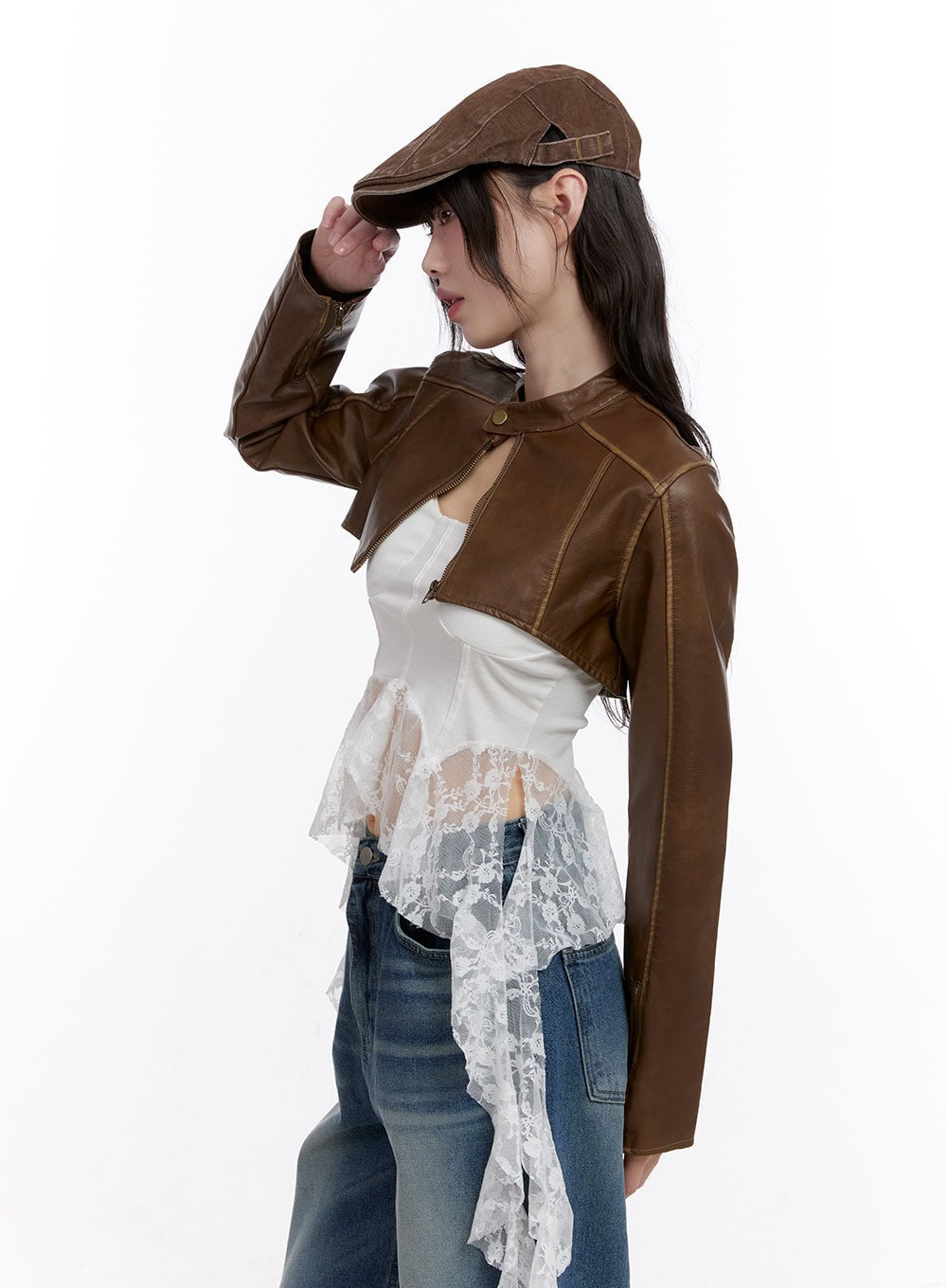 Stitched Faux-Leather Bolero Jacket CF511