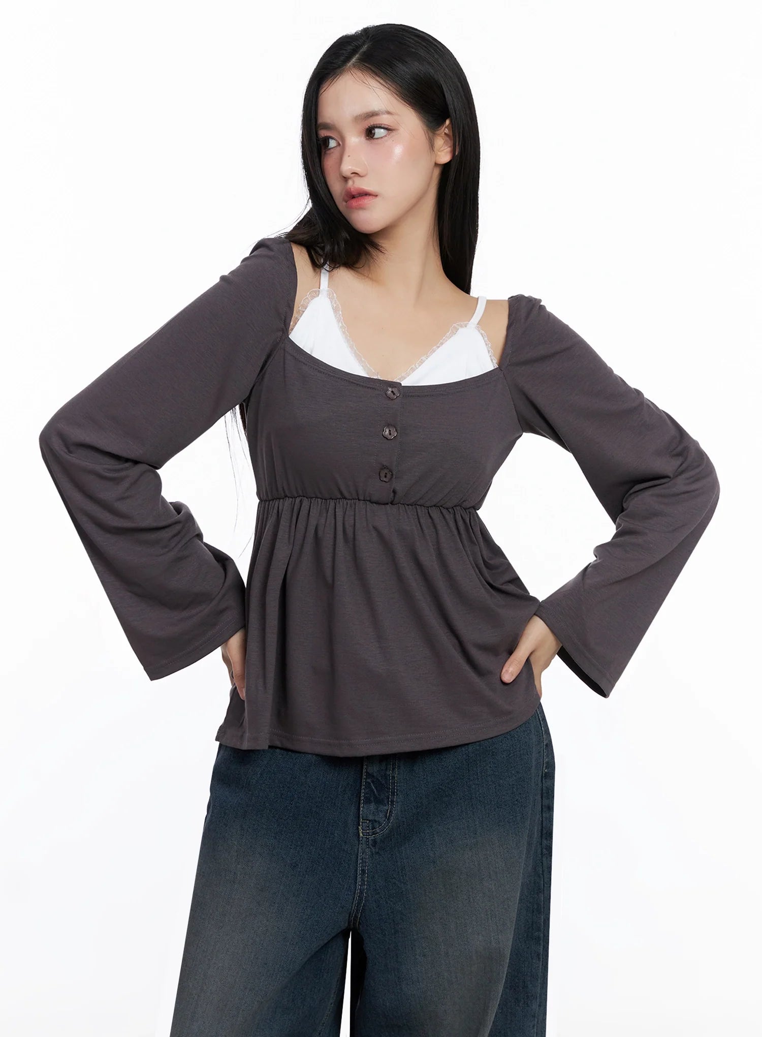 Shirred Flowy Buttoned Long Sleeve IS525