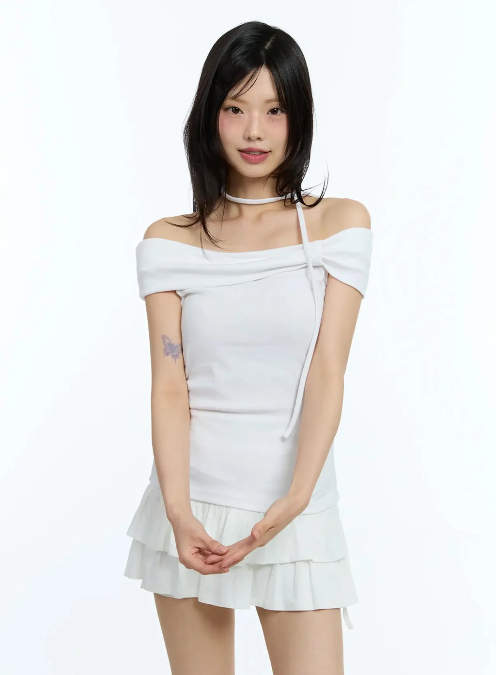 Ribbon Off-Shoulder Tee with Scarf Set IU524