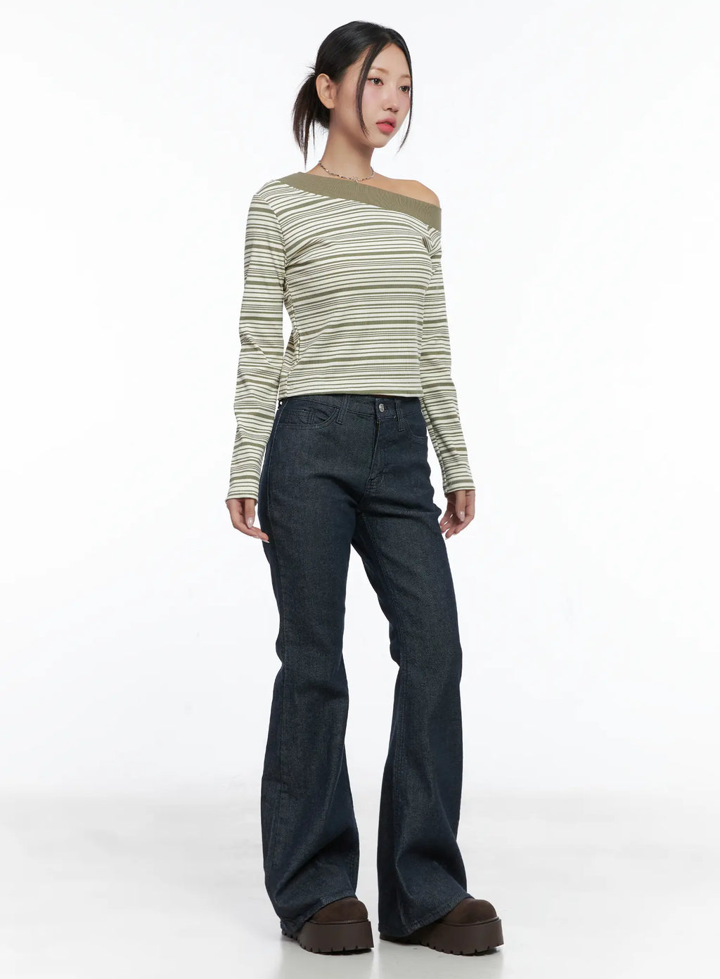 Stripe Off-Shoulder Long Sleeve Top CS502