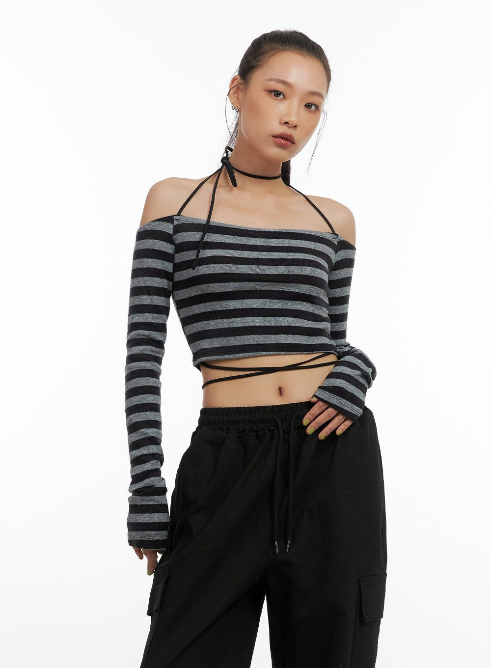 Stripe String Off-Shoulder Crop Top CO424