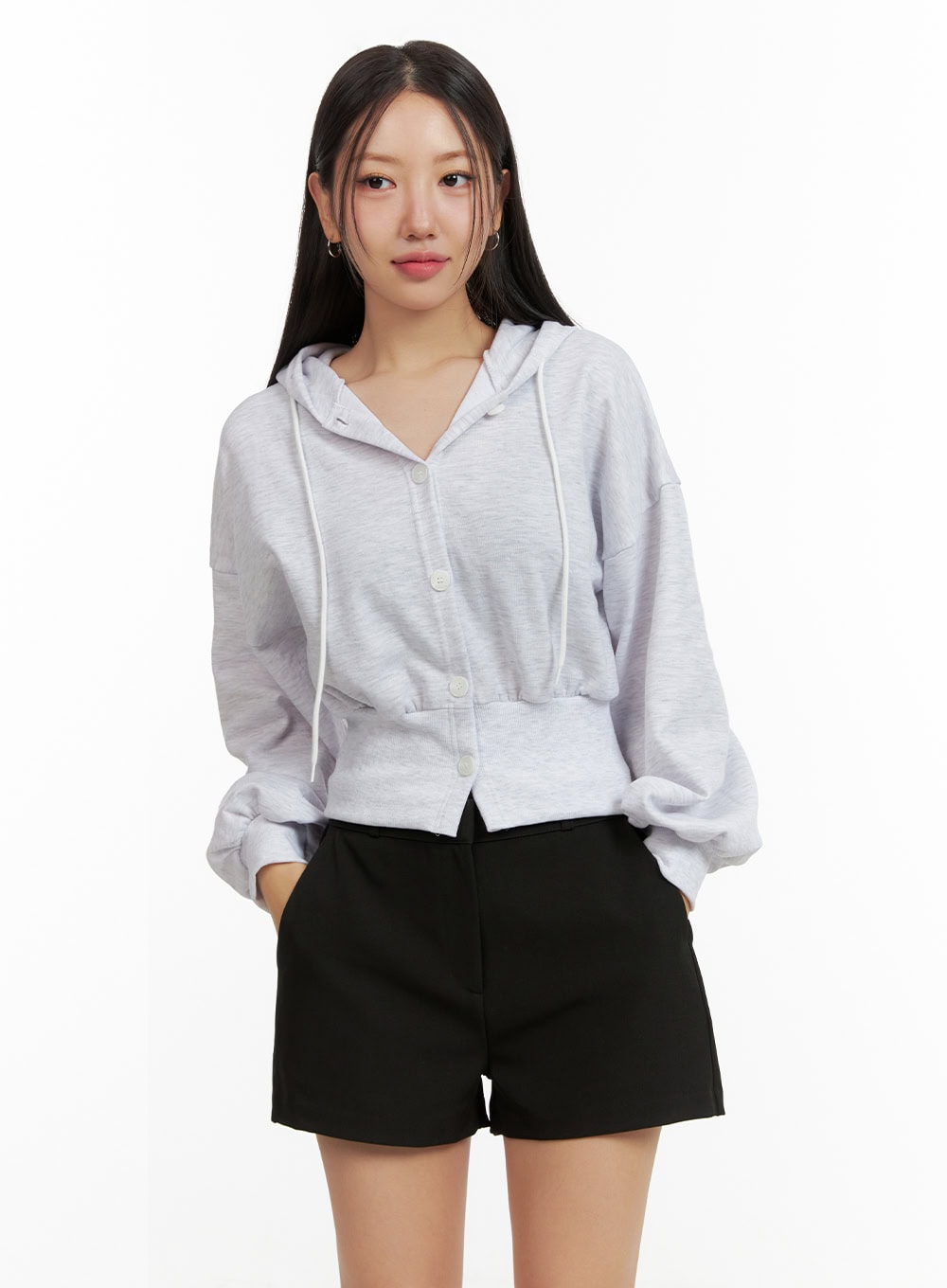 Buttoned Crop Sweat Hoodie OU411