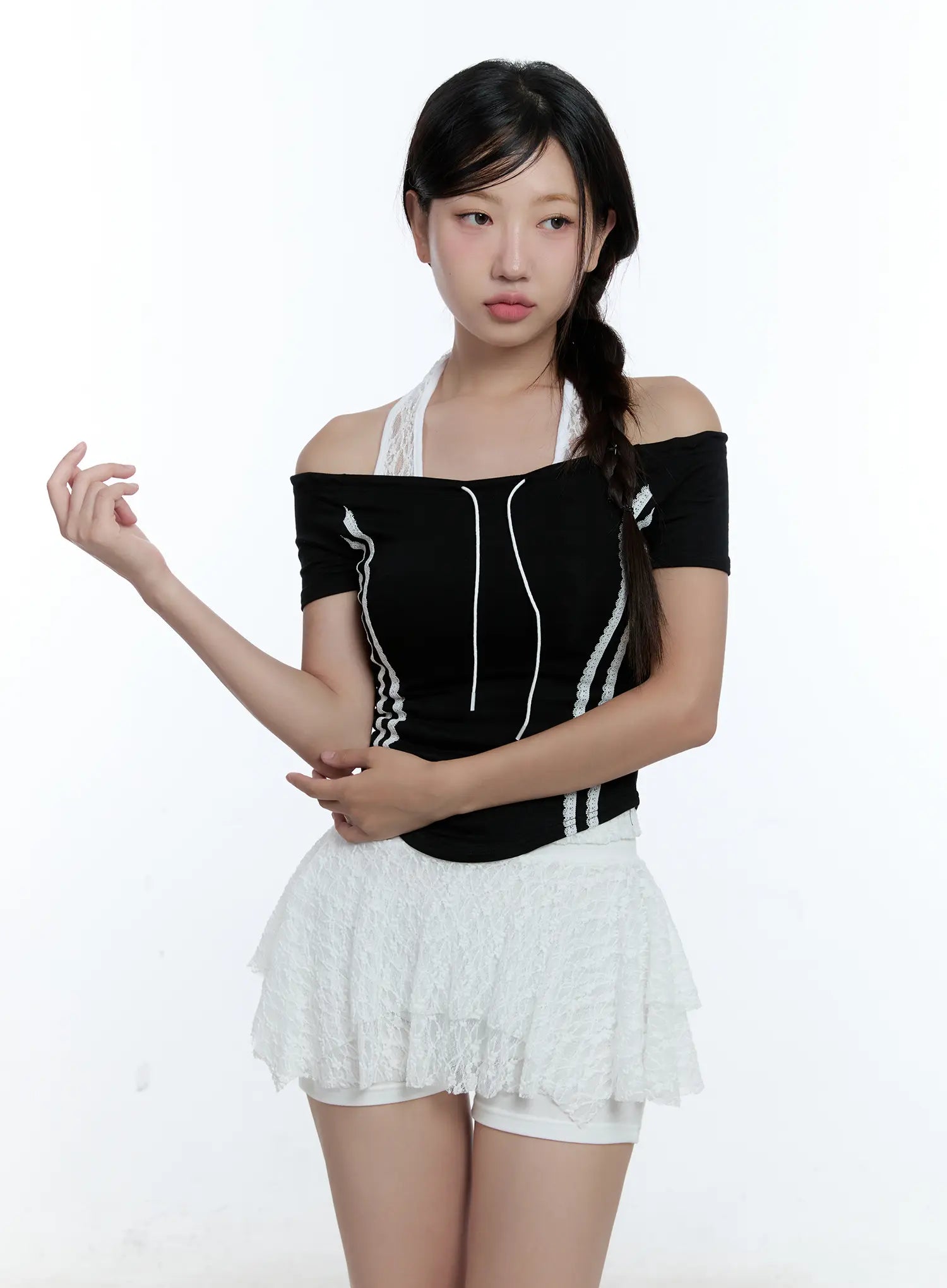 String Detail Off-Shoulder Crop Top CU527