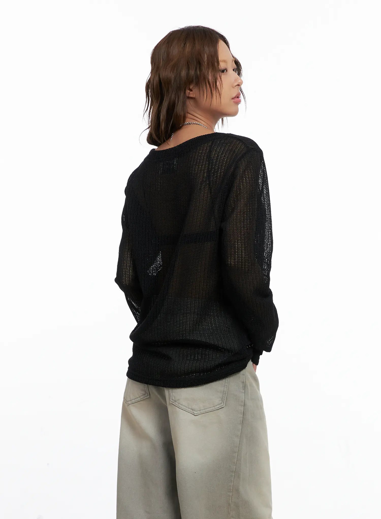 Studded Mesh Knit Long Sleeve Sweater CS522