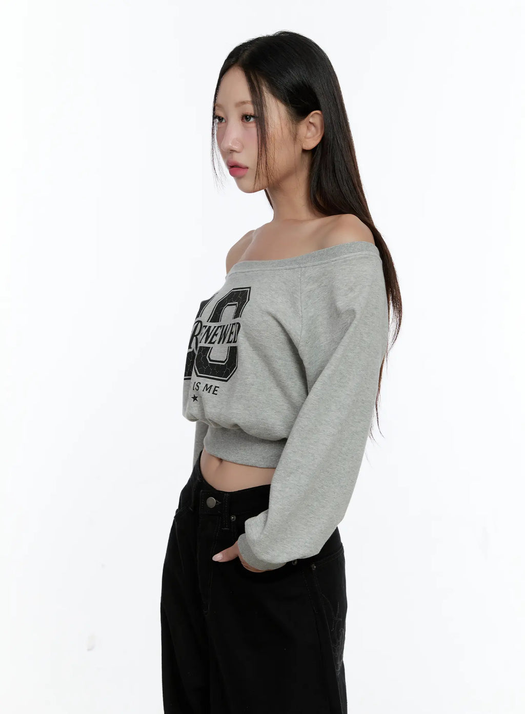 Graphic Off-shoulder Crop Sweatshirt CS517