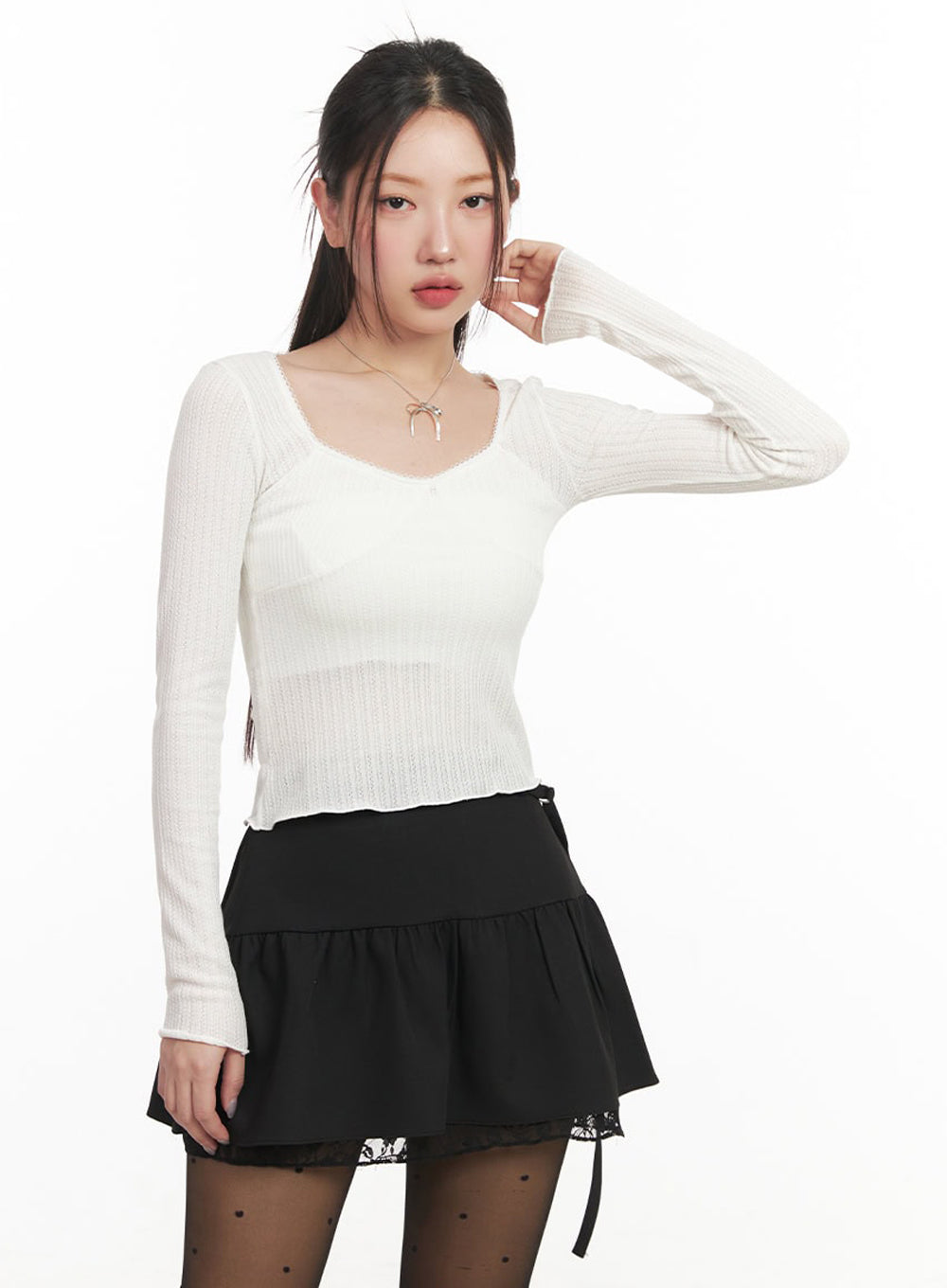 Ribbon Lace-Trim Long-Sleeve Top IM524