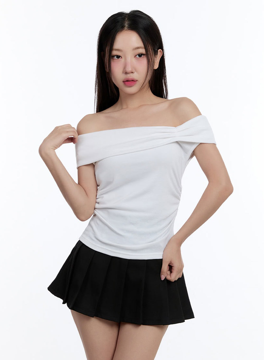 Ribbon Shirred Off-Shoulder Top IU503