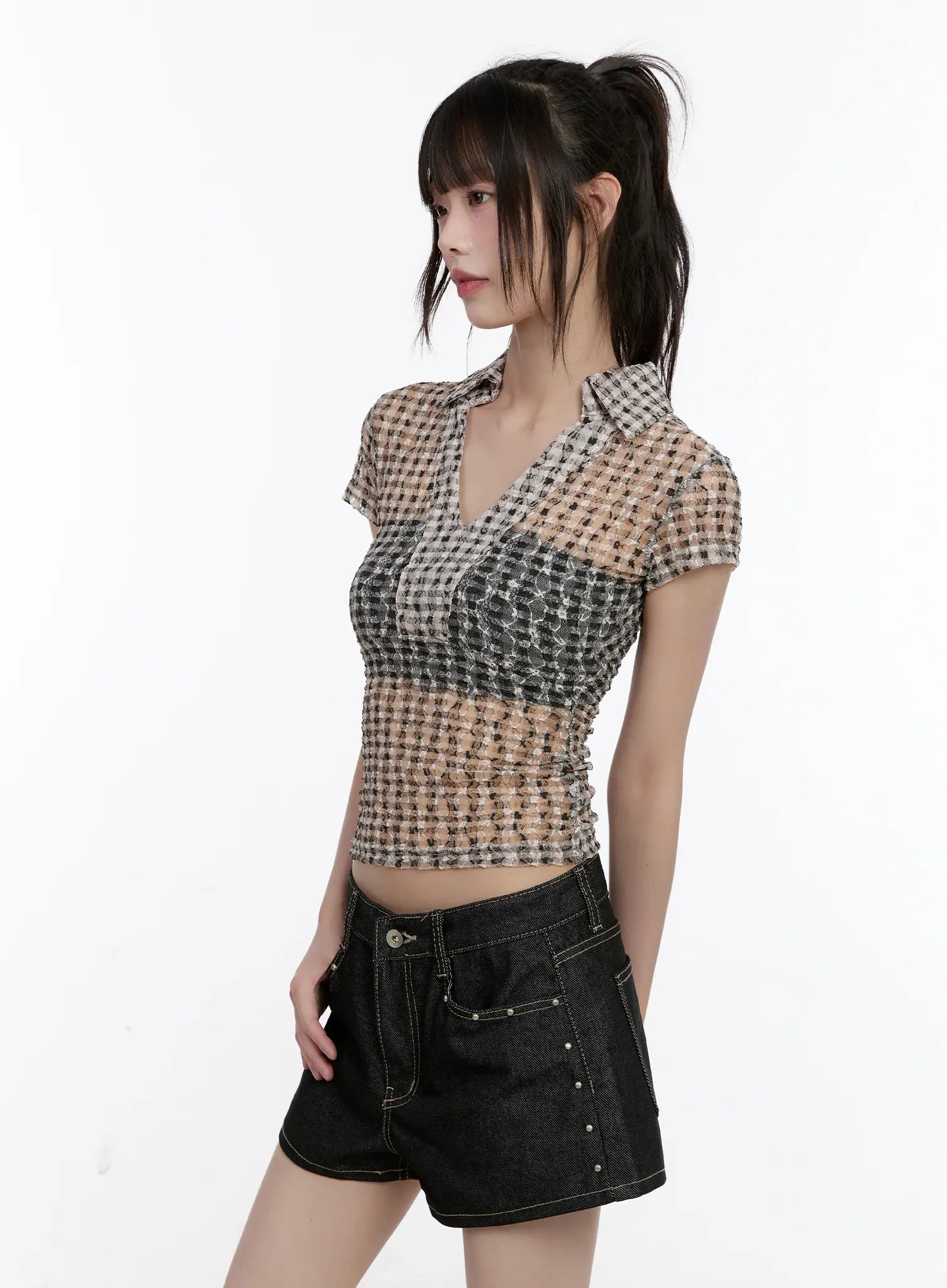 Sheer Checked Collar Tee CL504