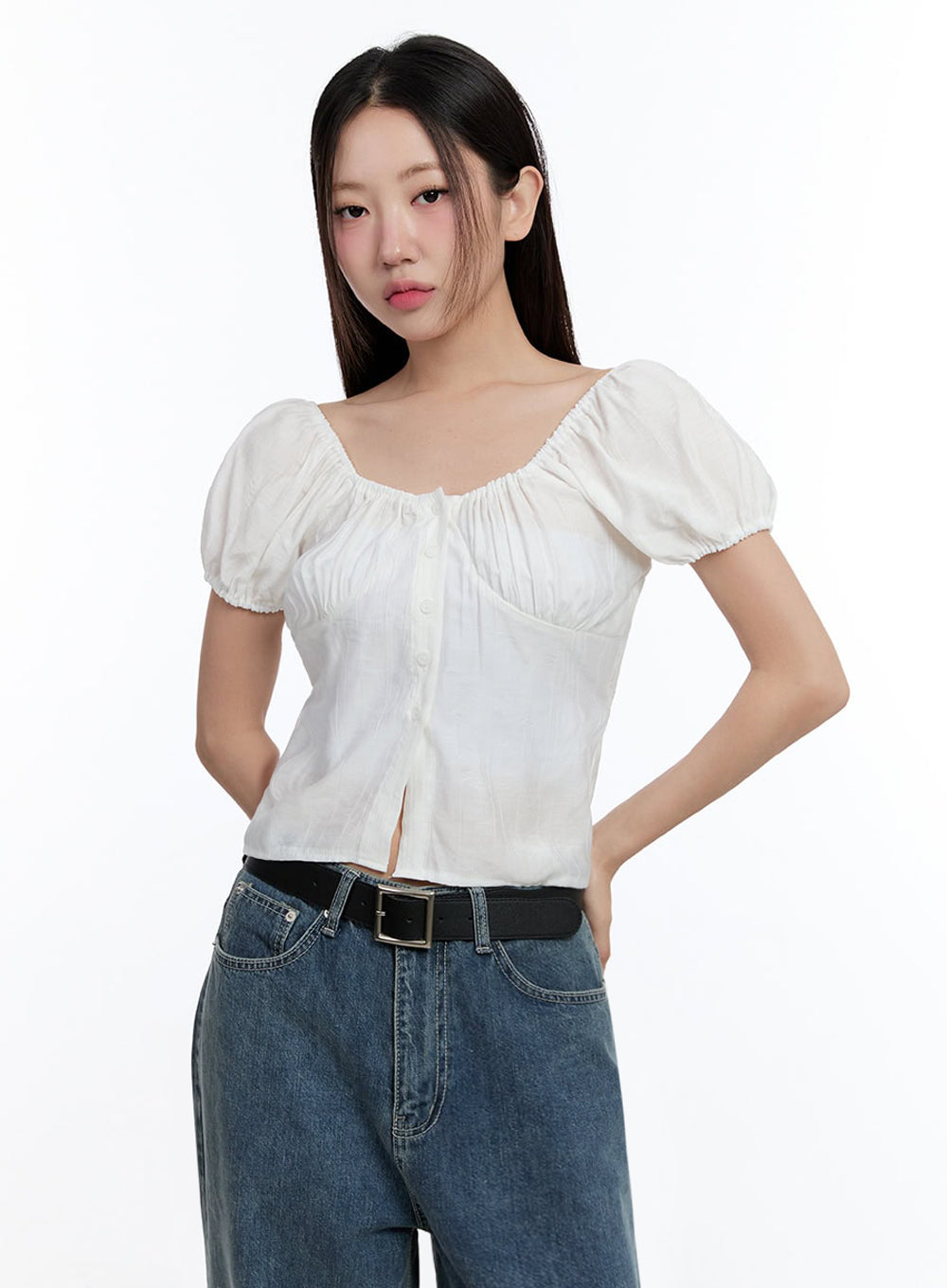 Off-Shoulder Puff-Sleeve Crop Top IU509