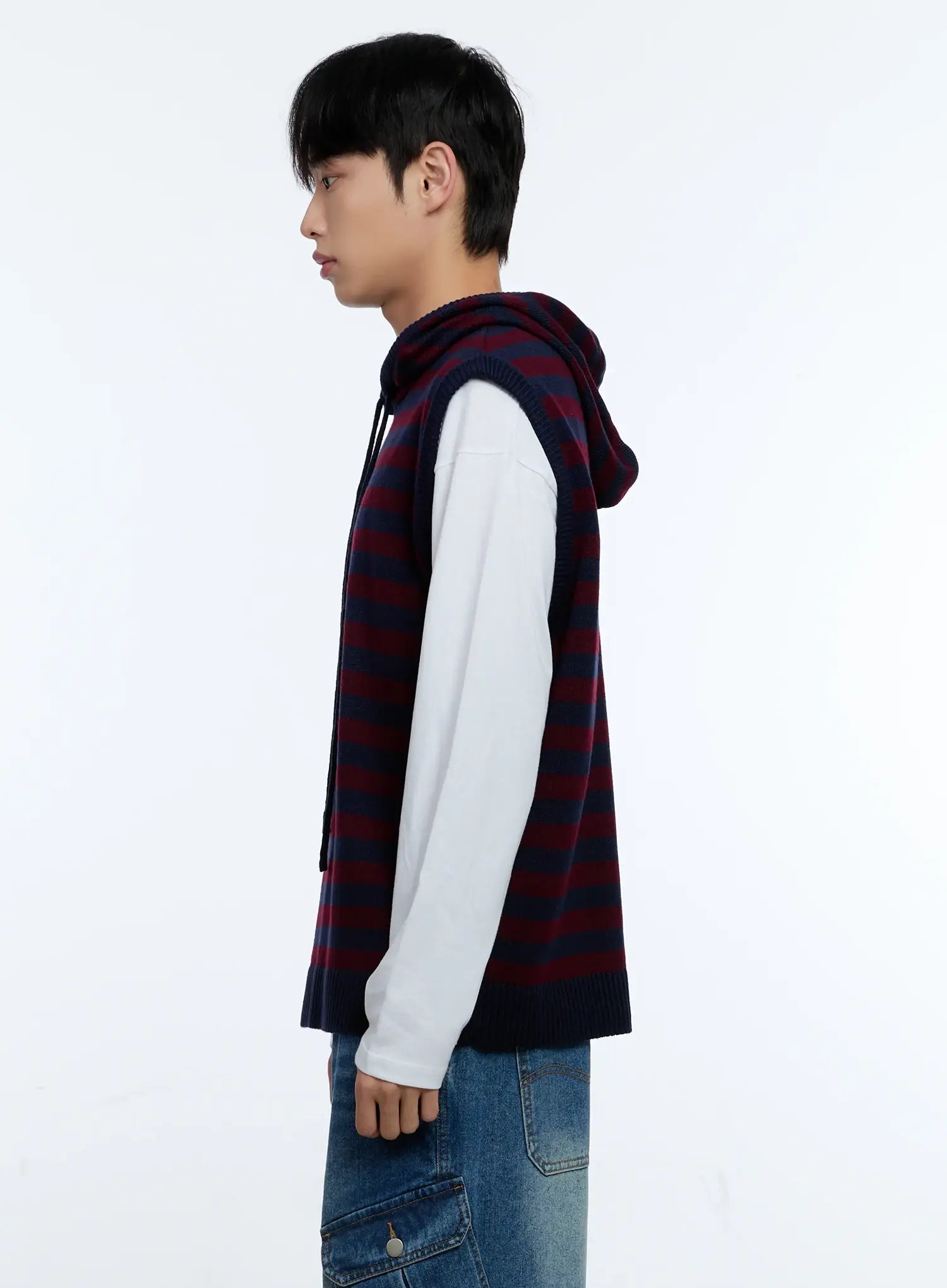 Men's Striped Knit Sleeveless Hoodie IG515