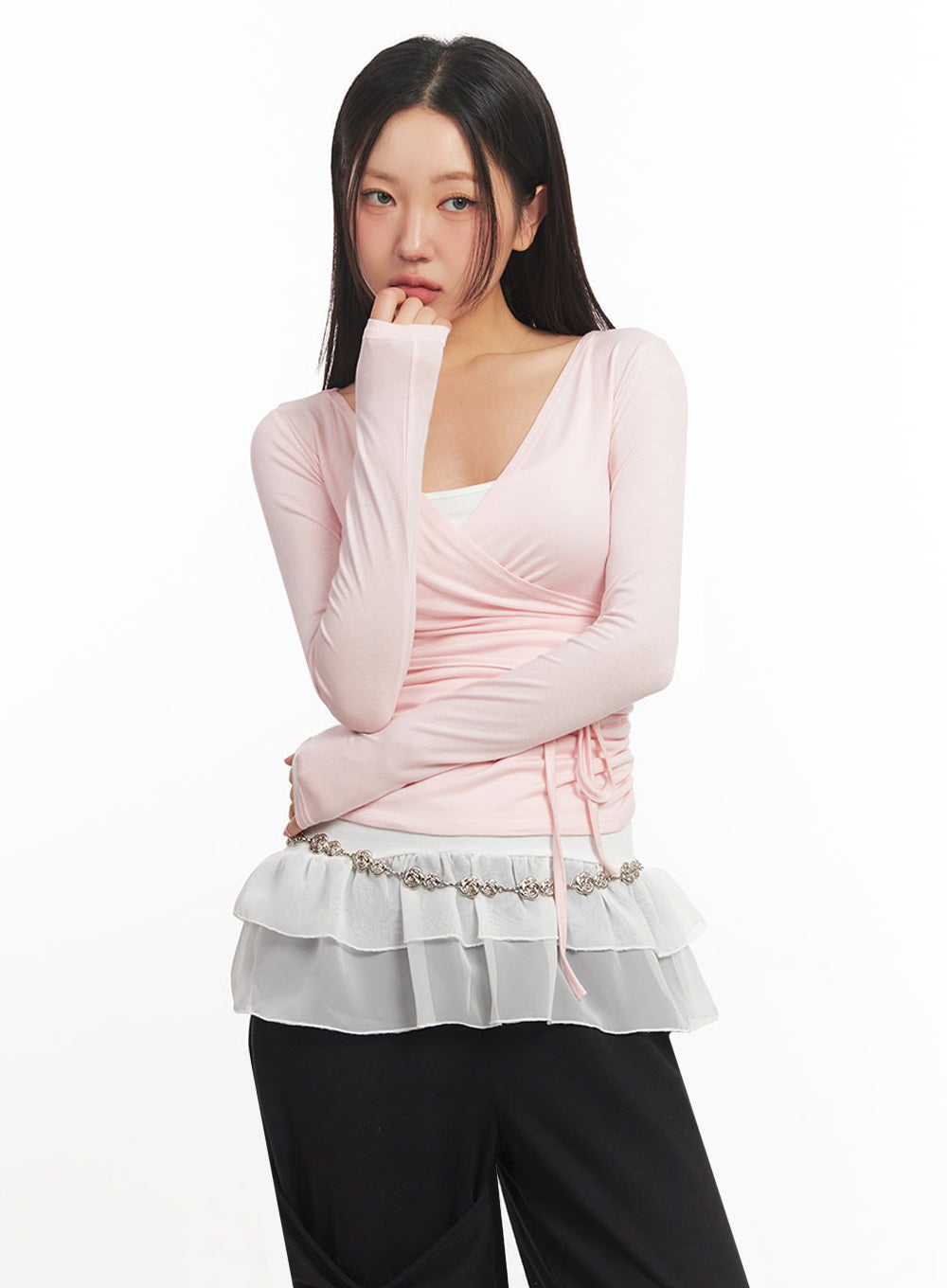 Wrap Shirred Long-Sleeve Crop Top IA524