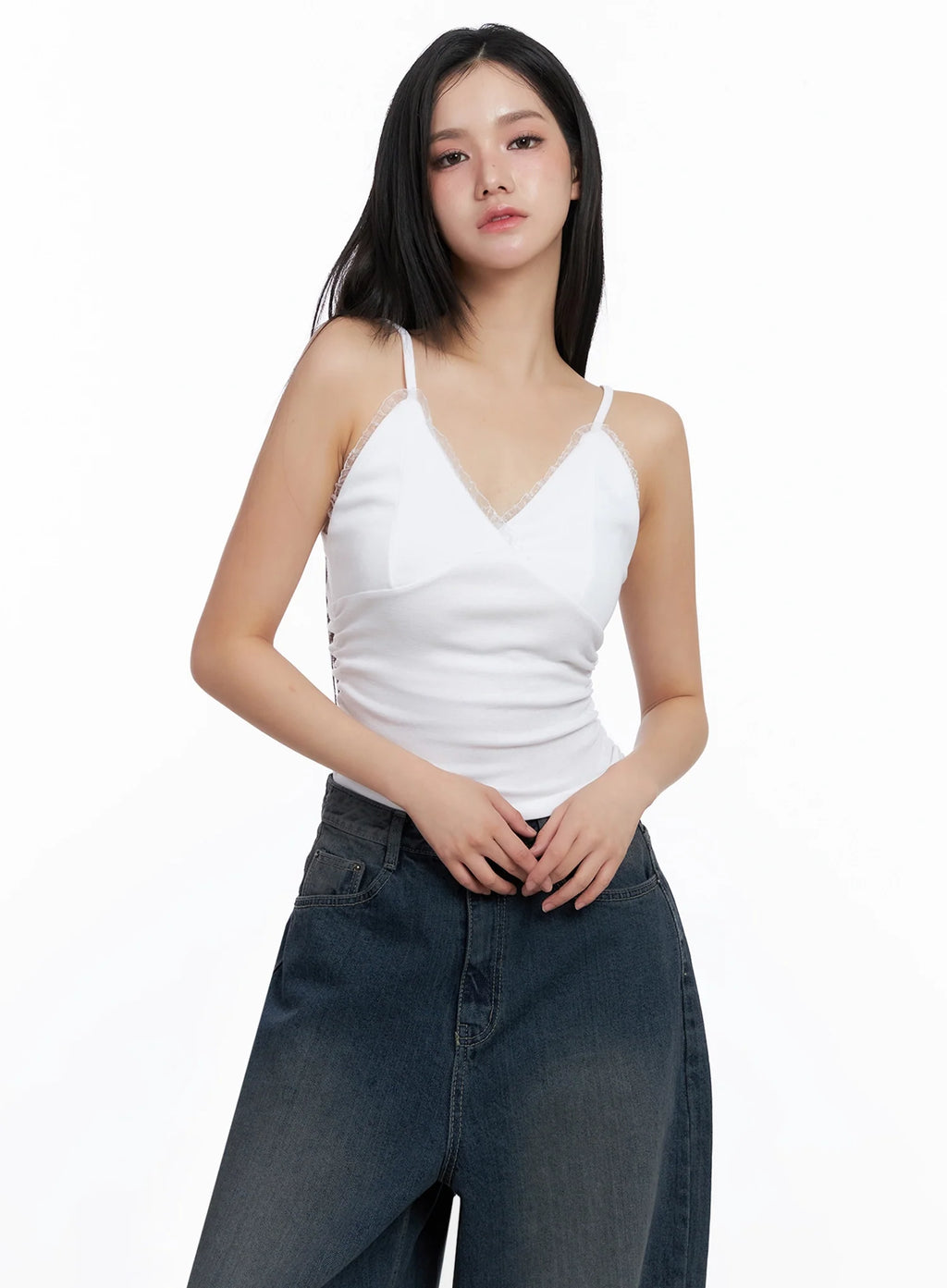 Sleeveless Ruched Lace Cami IS525