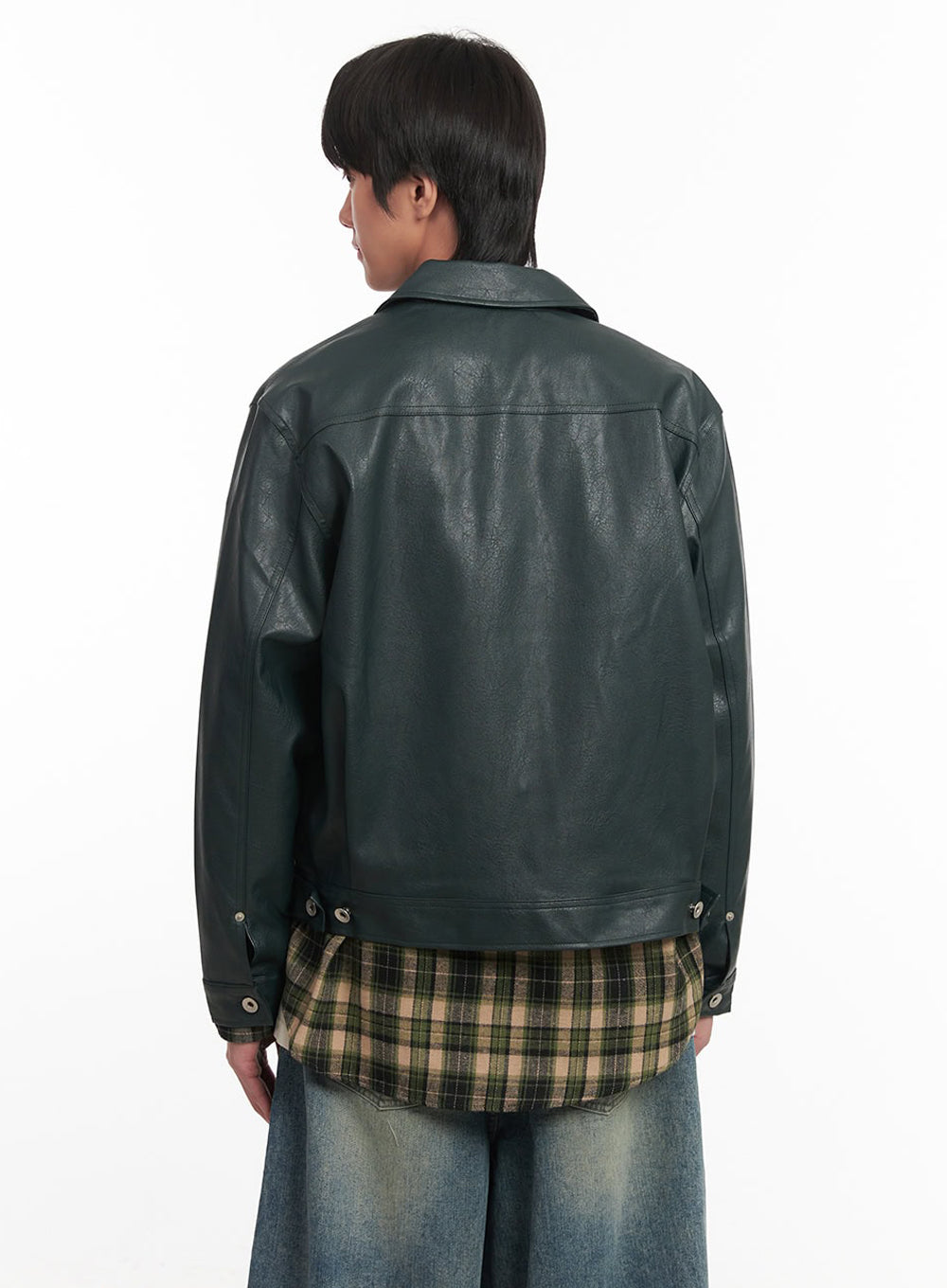 Men's Faux-Leather Collared Trucker Jacket IA511