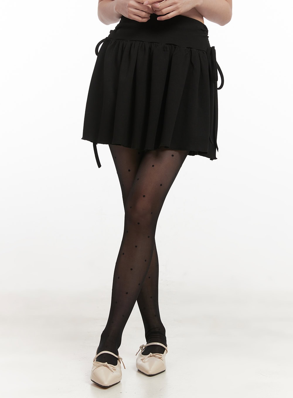 Ribbon-Tie Shirred Mini Skirt IF505