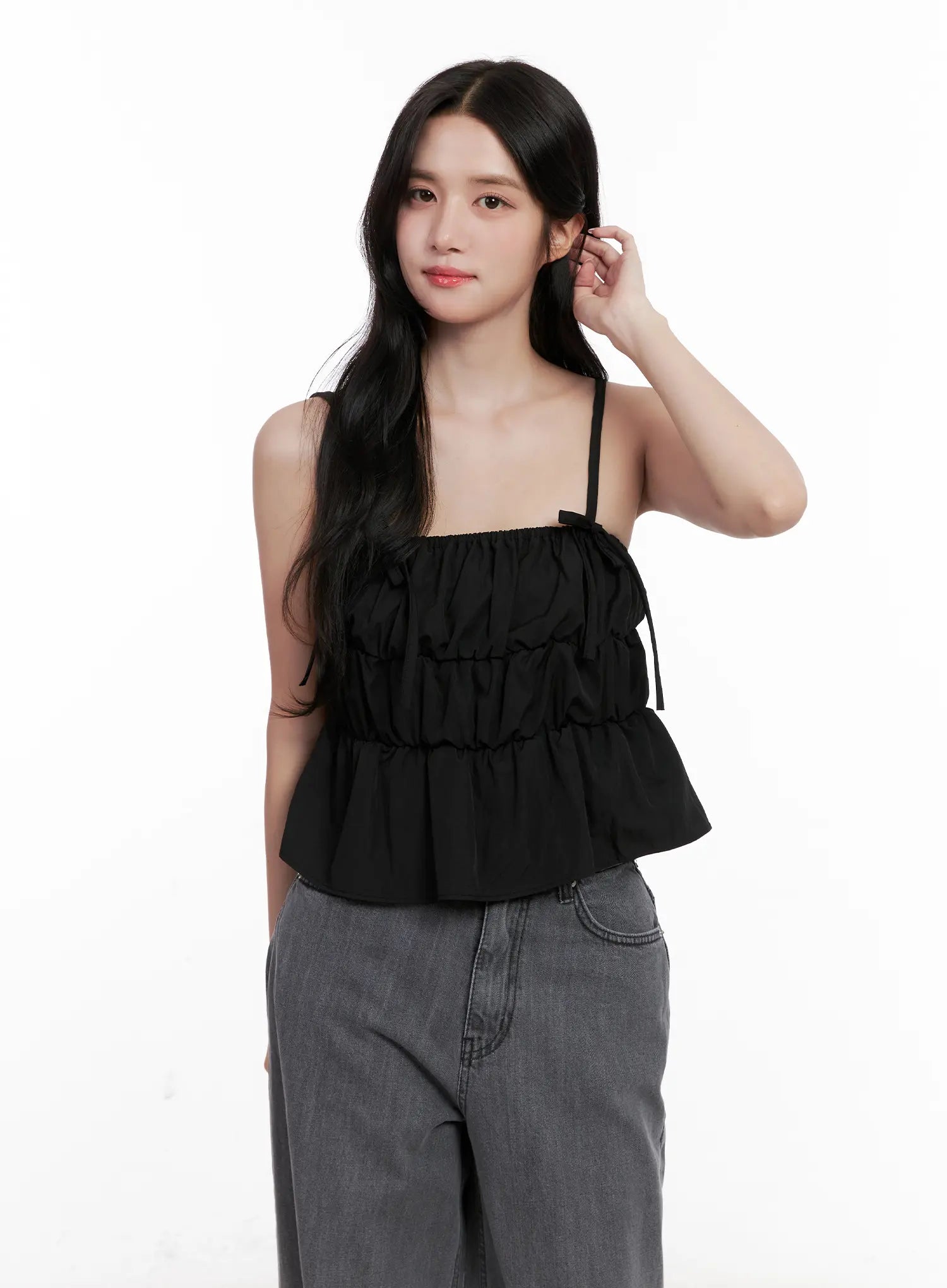 Ribbon Strap Ruffle Scrunch Tank CL516