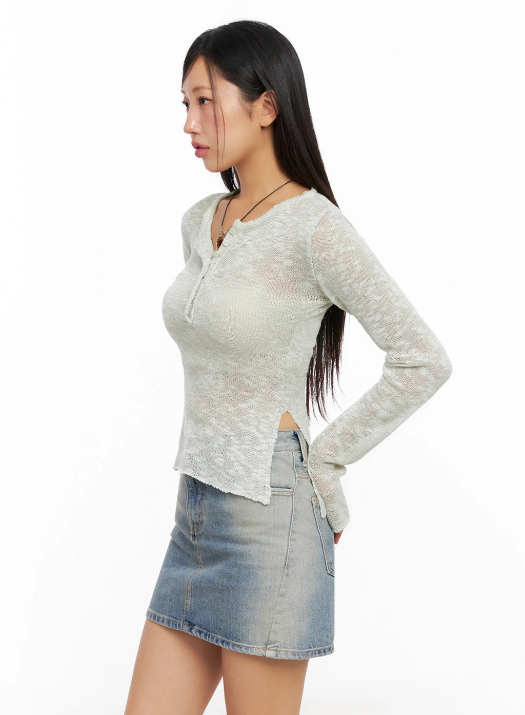 Sheer Buttoned Neck Long Sleeve Top IG527