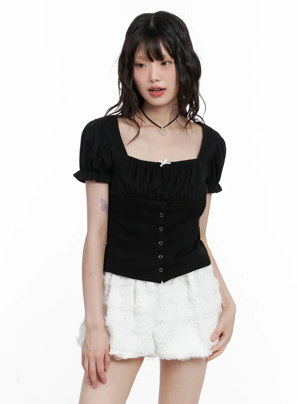 Ribbon-Detail Puff-Sleeve Top IL528