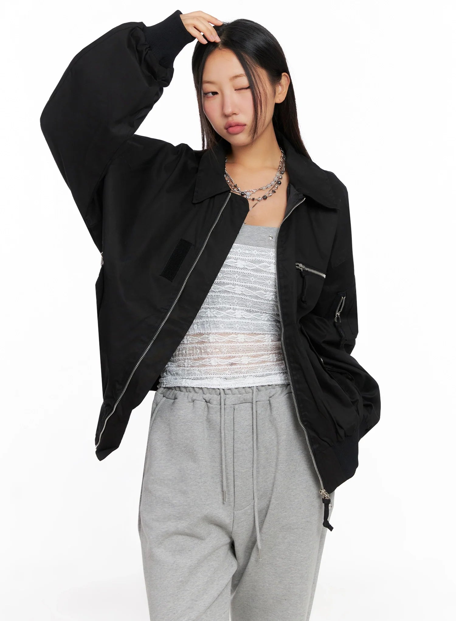 Oversized Zipper Bomber Jacket IG528