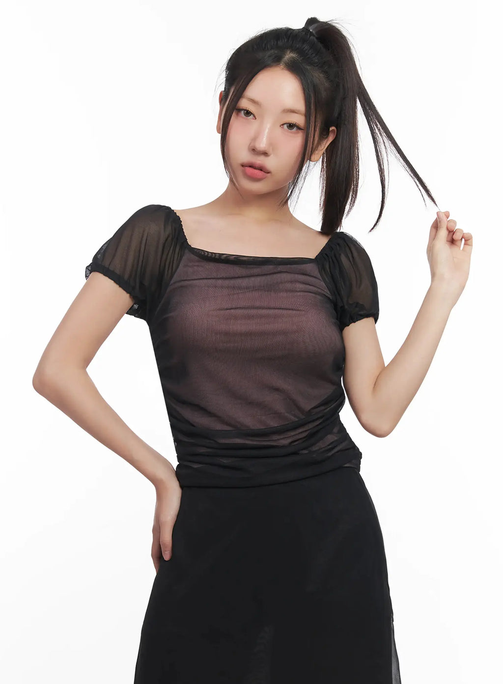 Sheer Puff-Sleeve Crop Top IU509