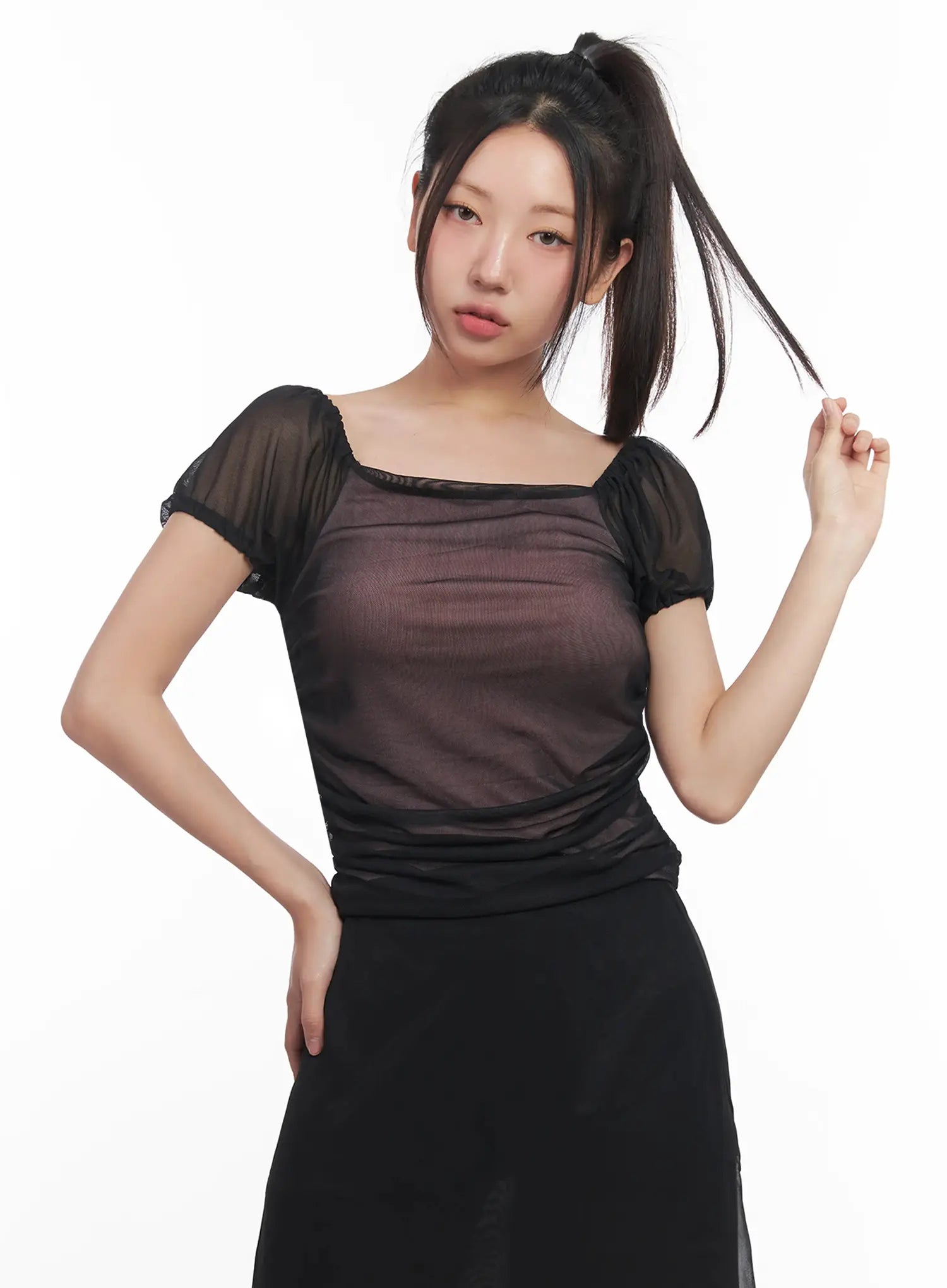 Sheer Puff-Sleeve Crop Top IU509
