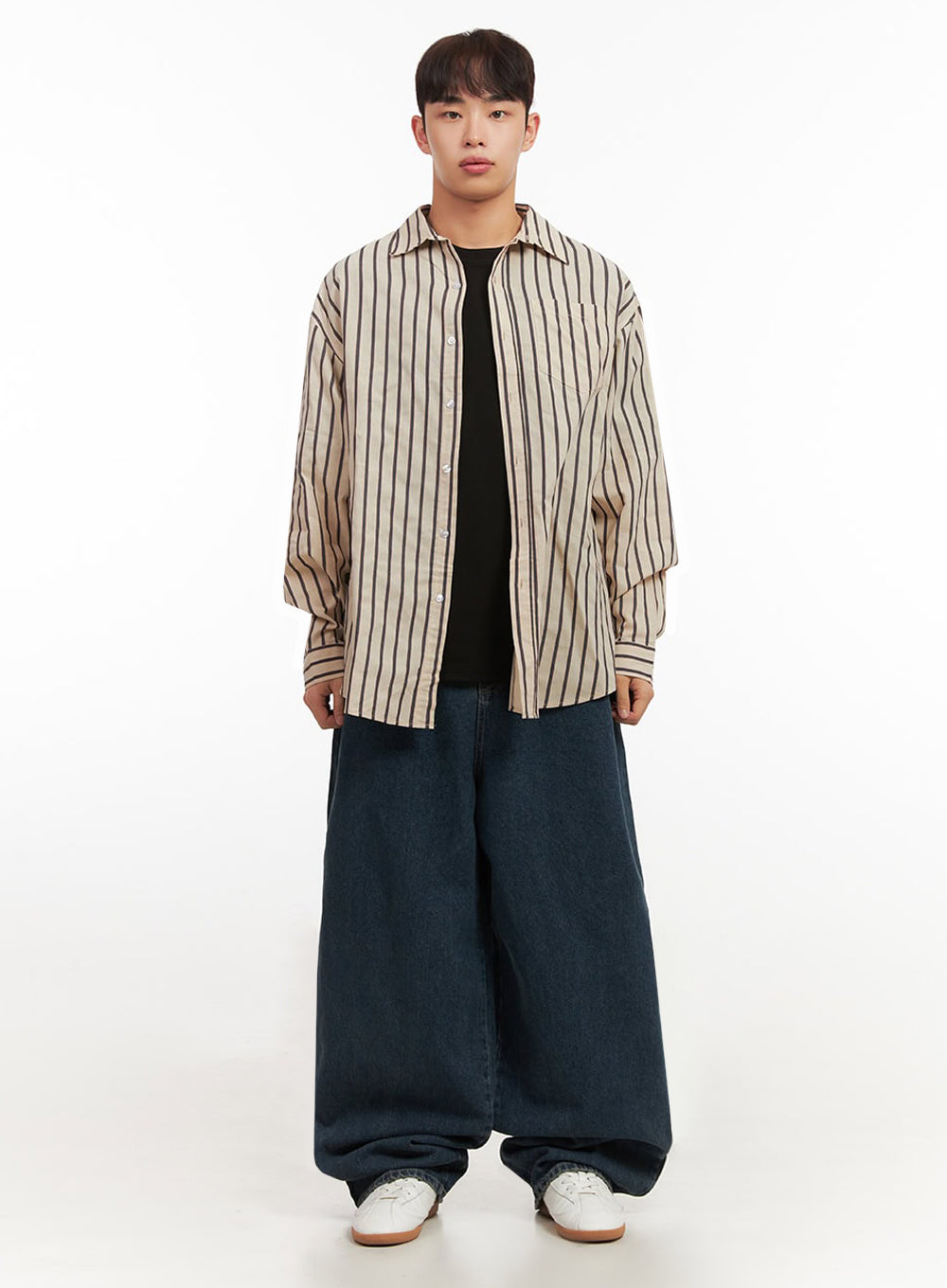 Men's Oversized Stripe Collared Button-Up Shirt IF521