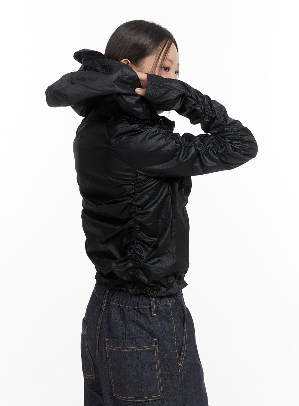 Shirred Hooded Nylon Crop Jacket CO402