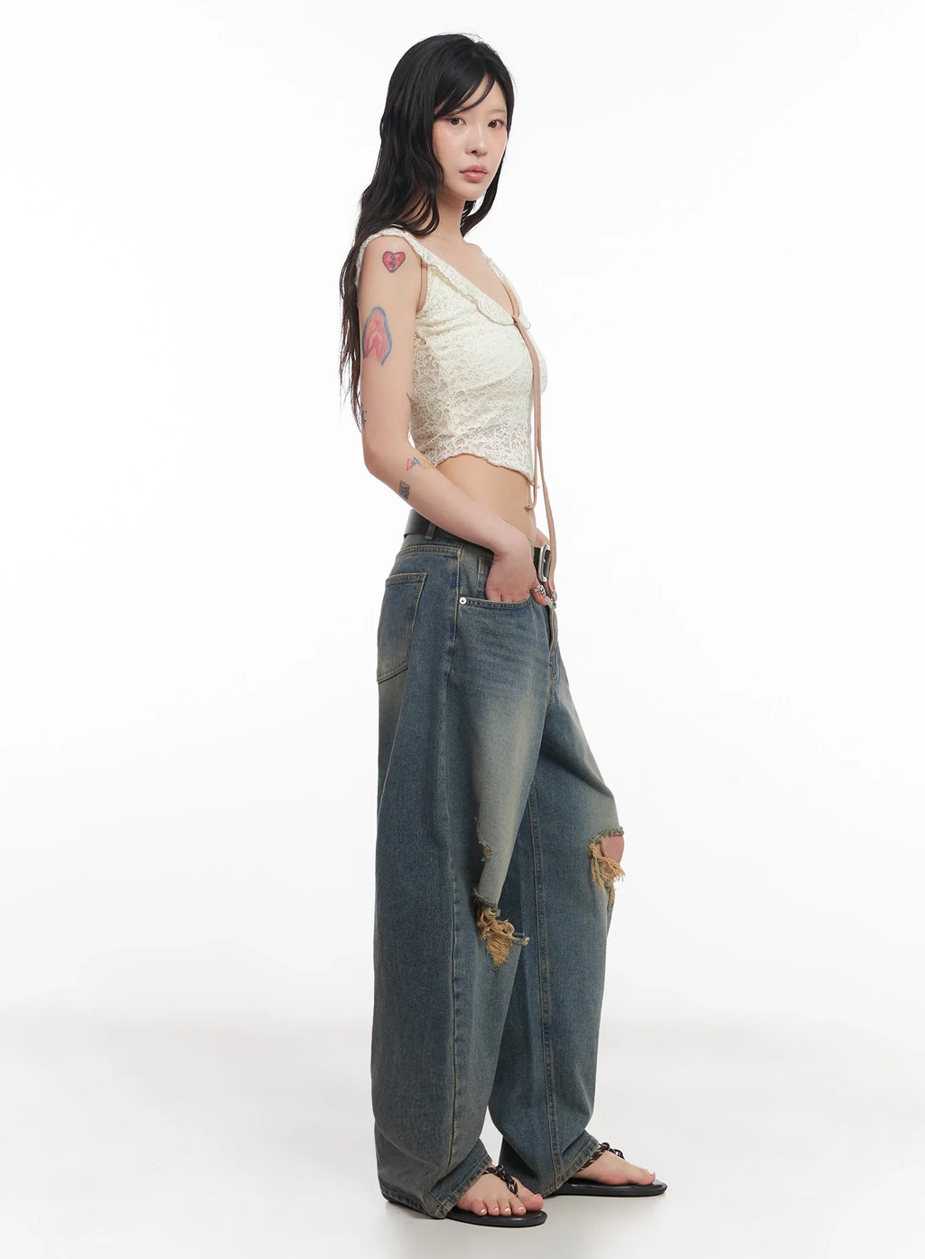 Jeemin Vintage Distressed Wide-Leg Denim Jeans  IC503