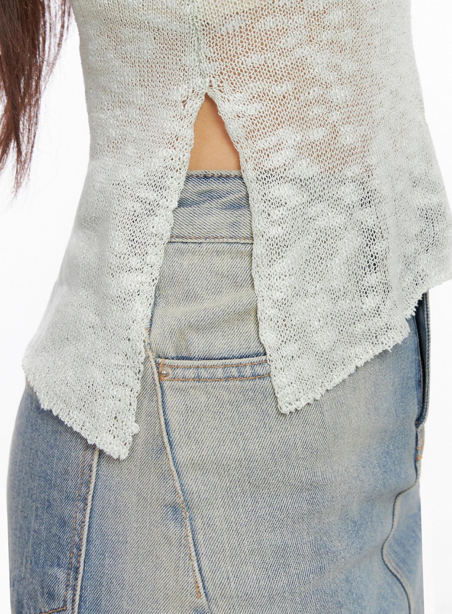 Sheer Buttoned Neck Long Sleeve Top IG527