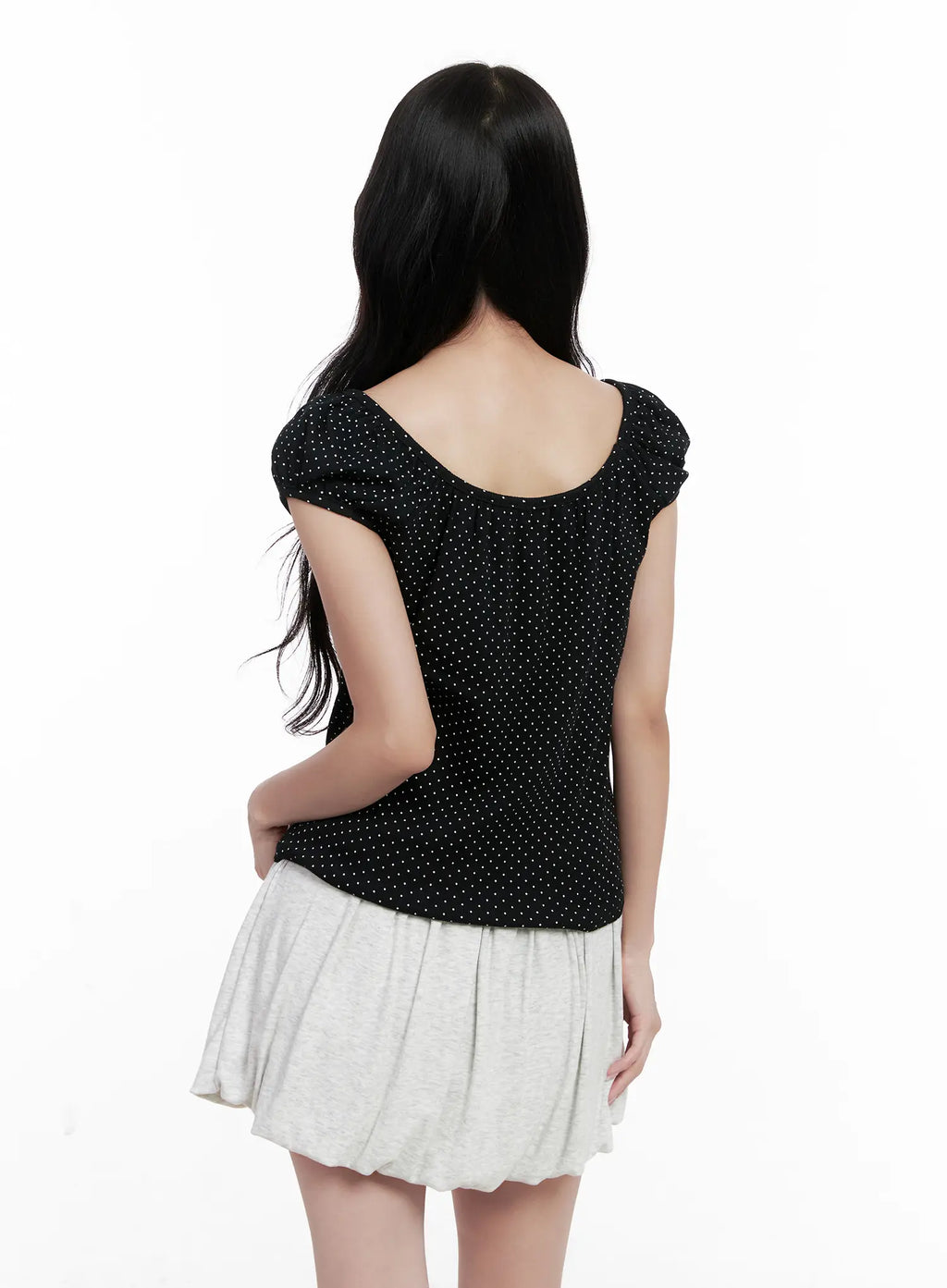 Polka Dot Puff-Sleeve Ribbon Top CL516
