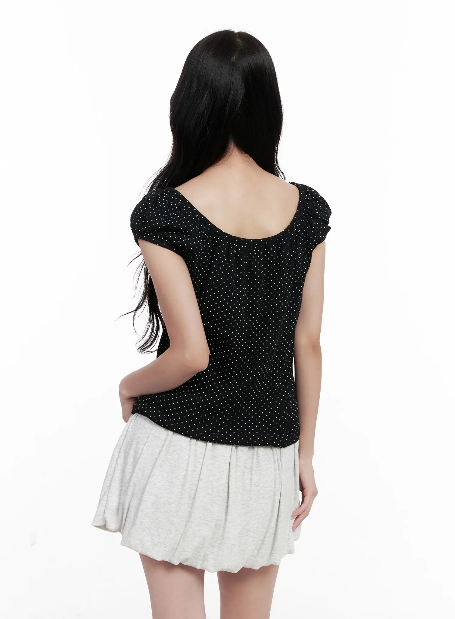 Polka Dot Puff-Sleeve Ribbon Top CL516