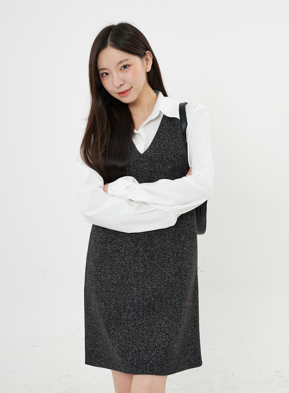 Mixed Color V-Neck Wool Dress BO21