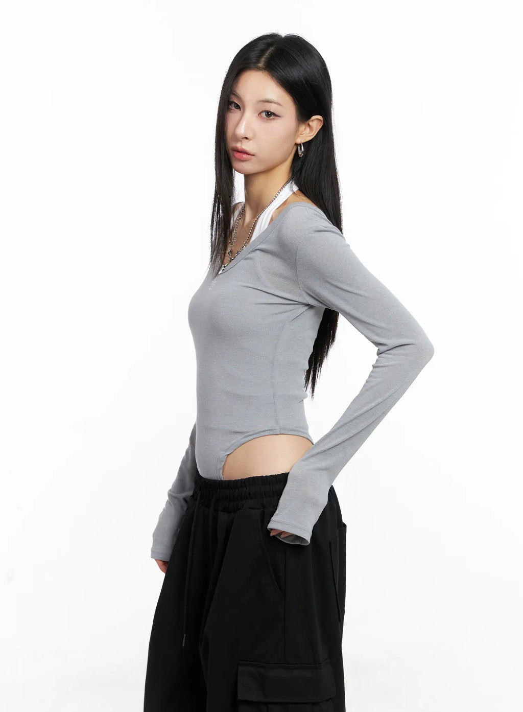 Grey Long Sleeve Bodysuit CC1109