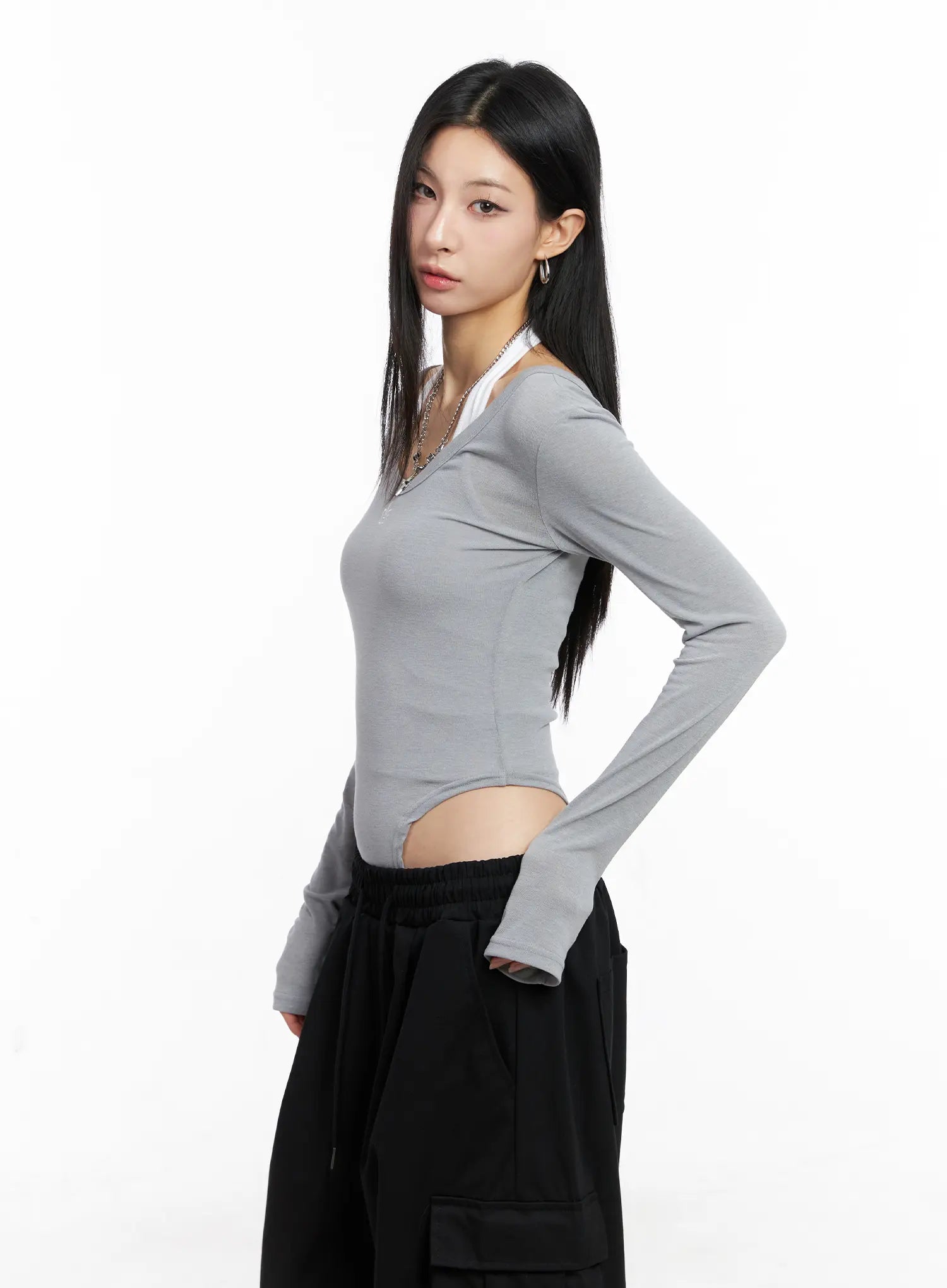 Grey Long Sleeve Bodysuit CC1109