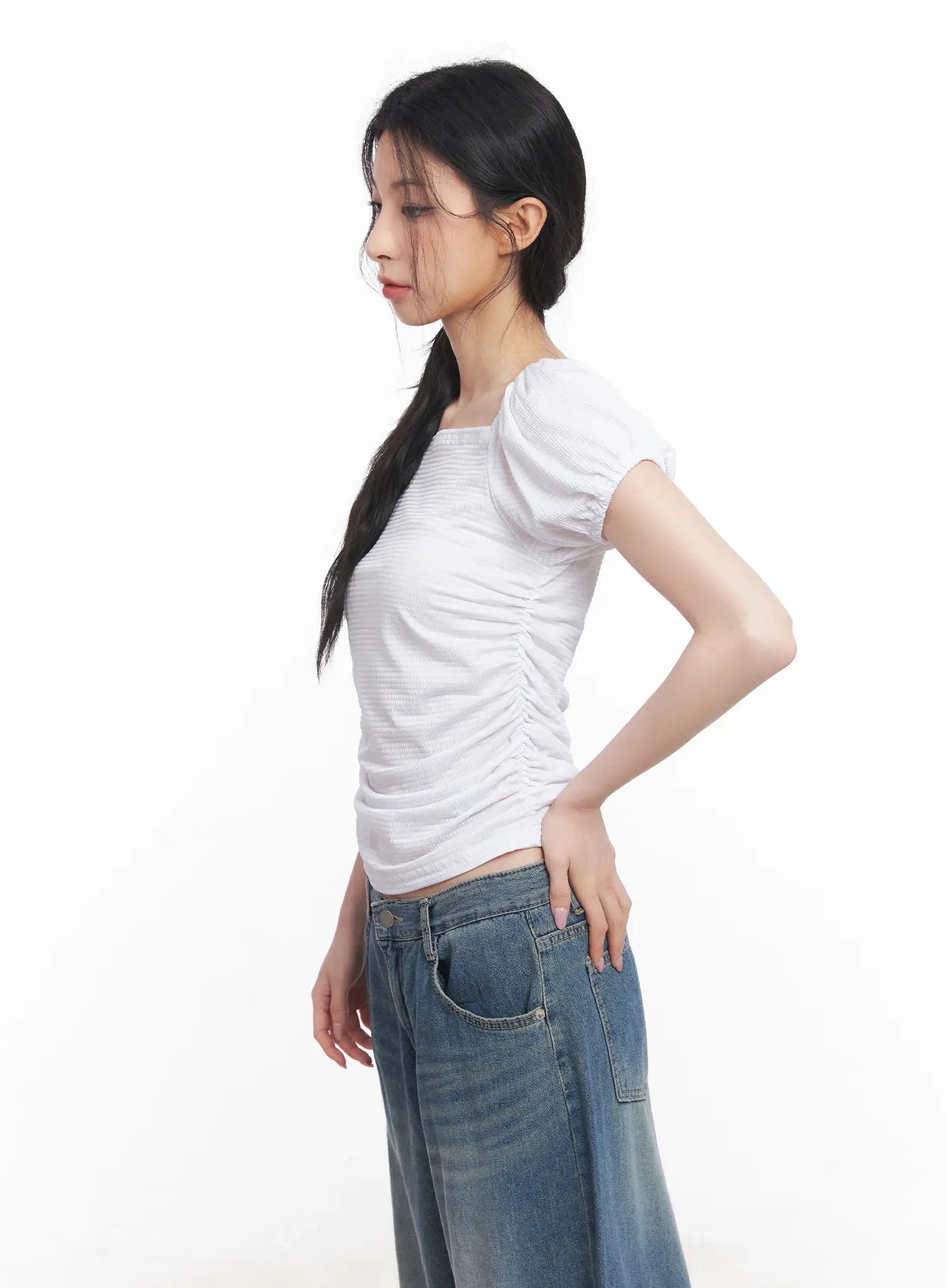 Shirred Puff-Sleeve Crop Top CU511