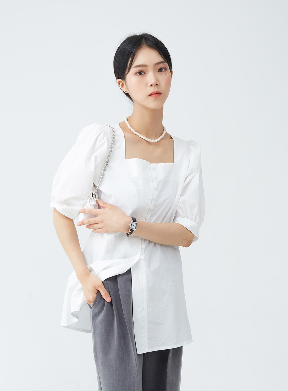 Square Neck Button-Down Slit Blouse OU19