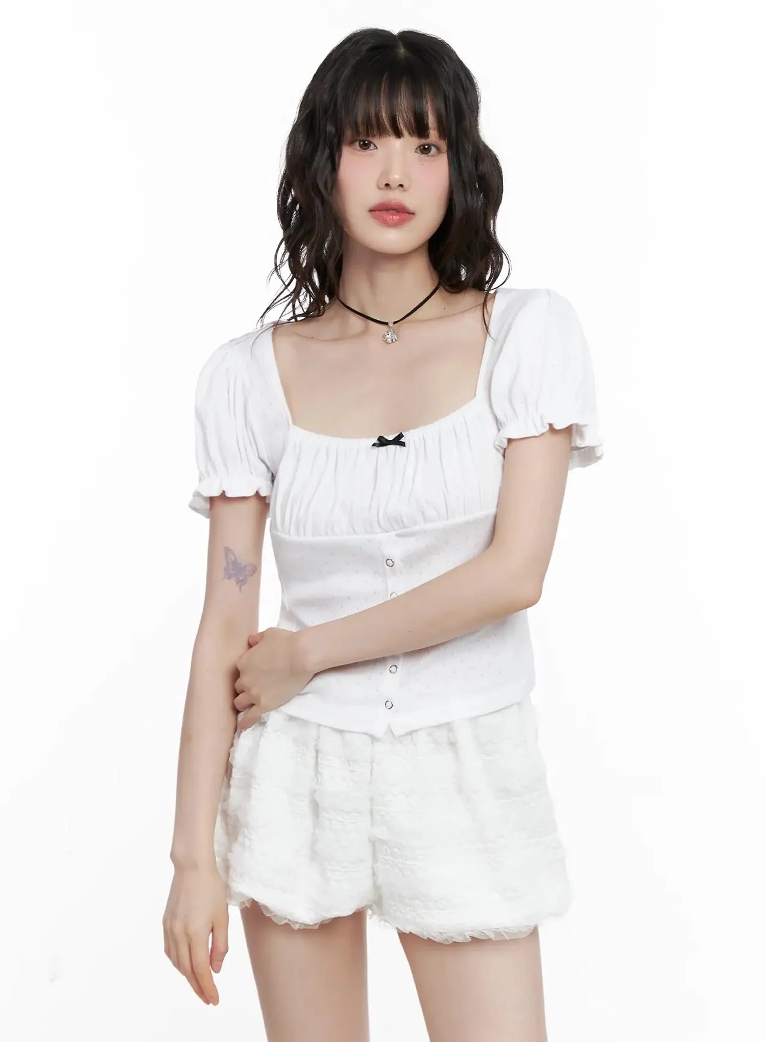 Ribbon-Detail Puff-Sleeve Top IL528