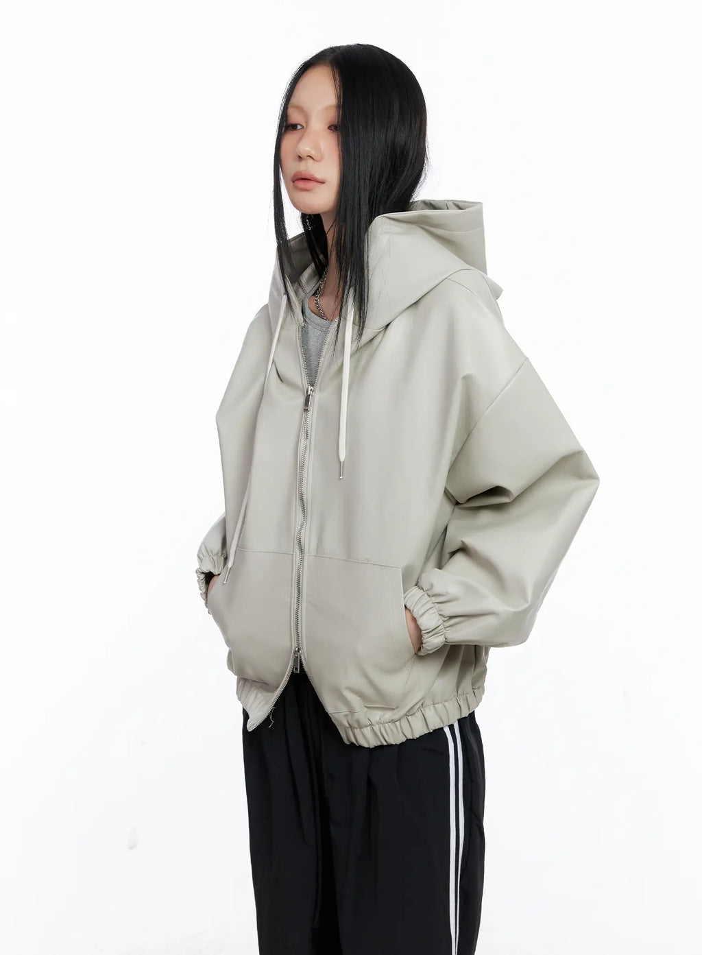 Oversized Hooded Faux Leather Jacket CS510