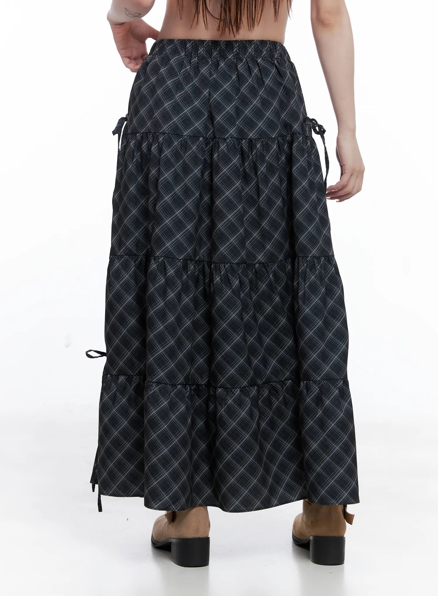 Plaid Maxi Skirt with Ribbon Details CG529