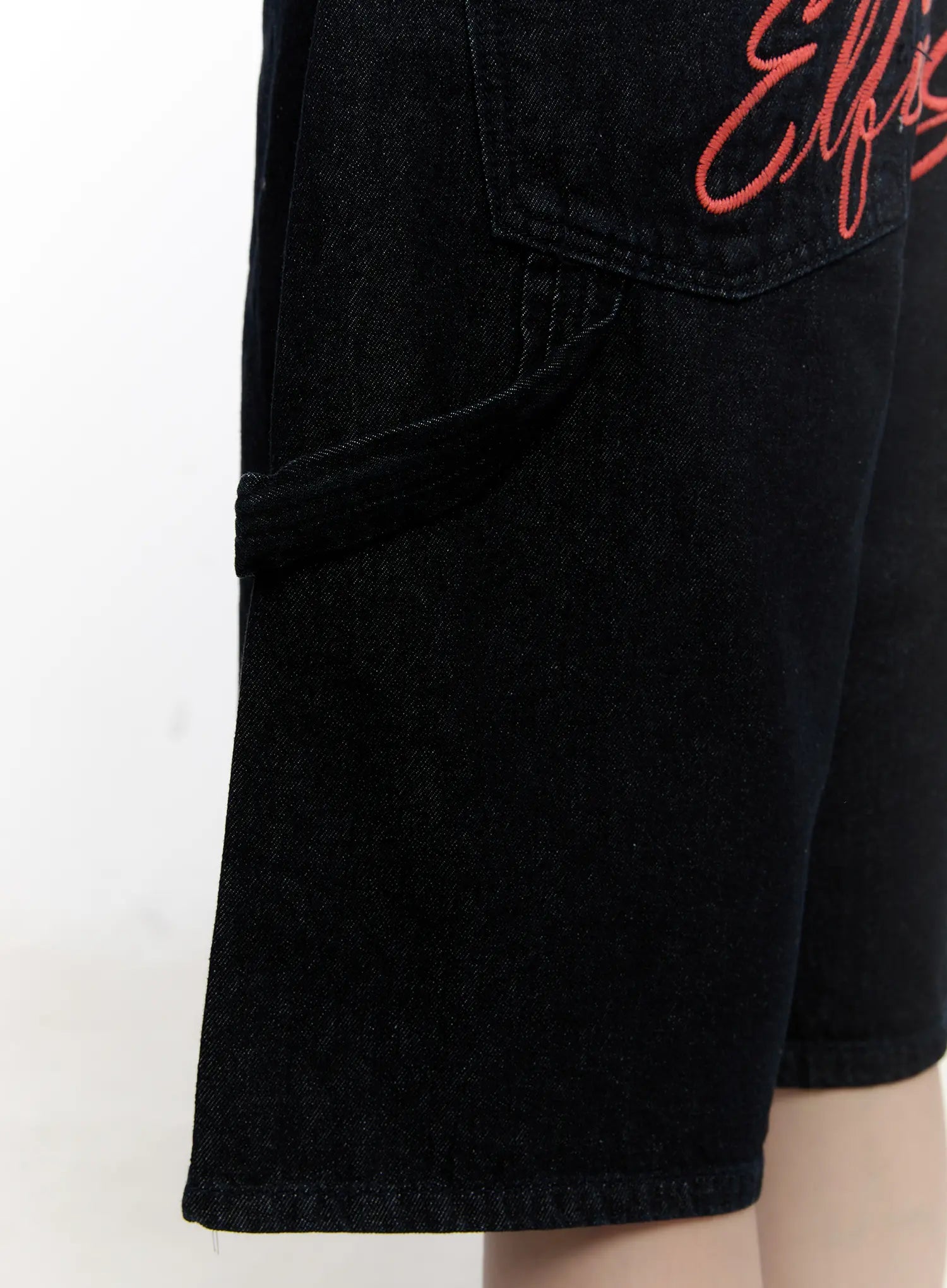 Red Text Graphic Embroidered Jorts CL504