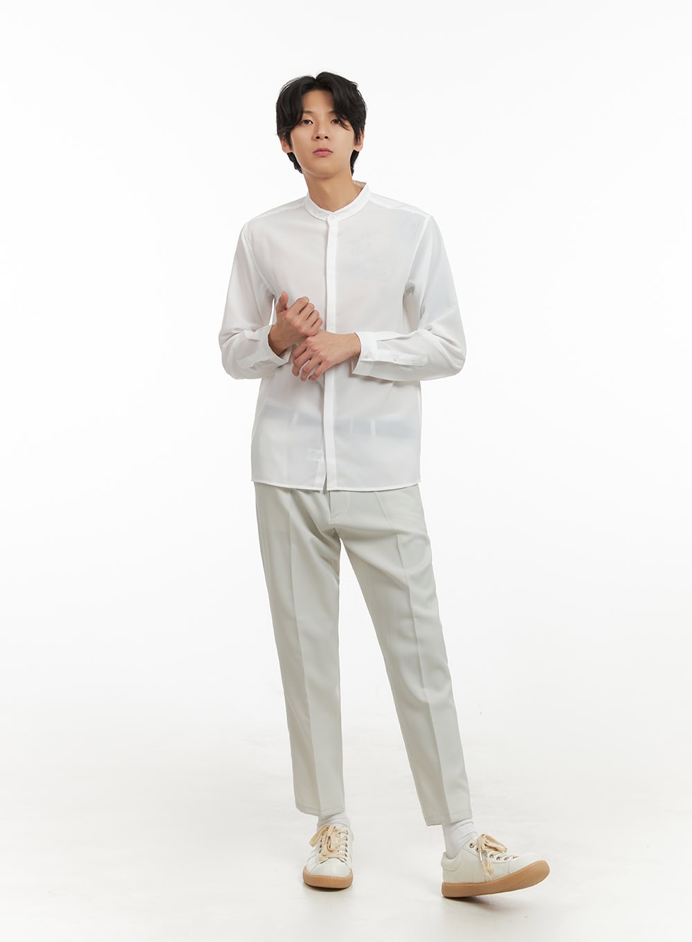 Men's Solid Collarless Long Shirt IY402