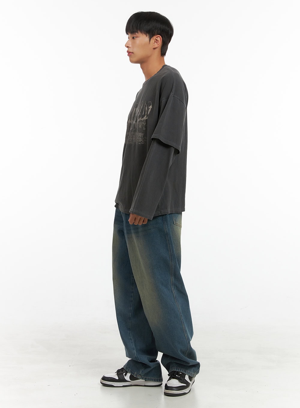Men's Washed Cotton Wide Leg Jeans (Dark blue) IS420