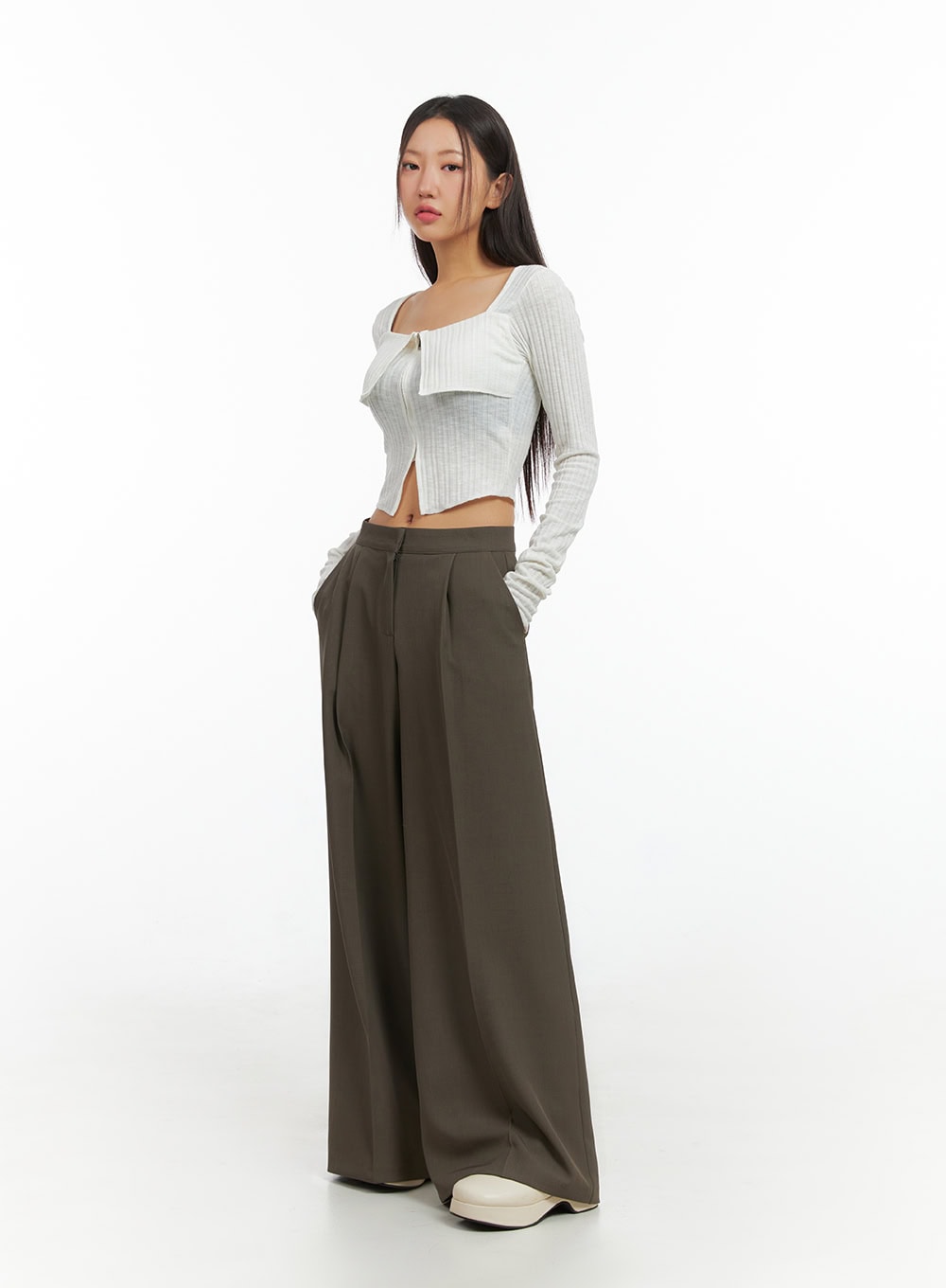 Slit Zip-Up Square Neck Crop Top IS402