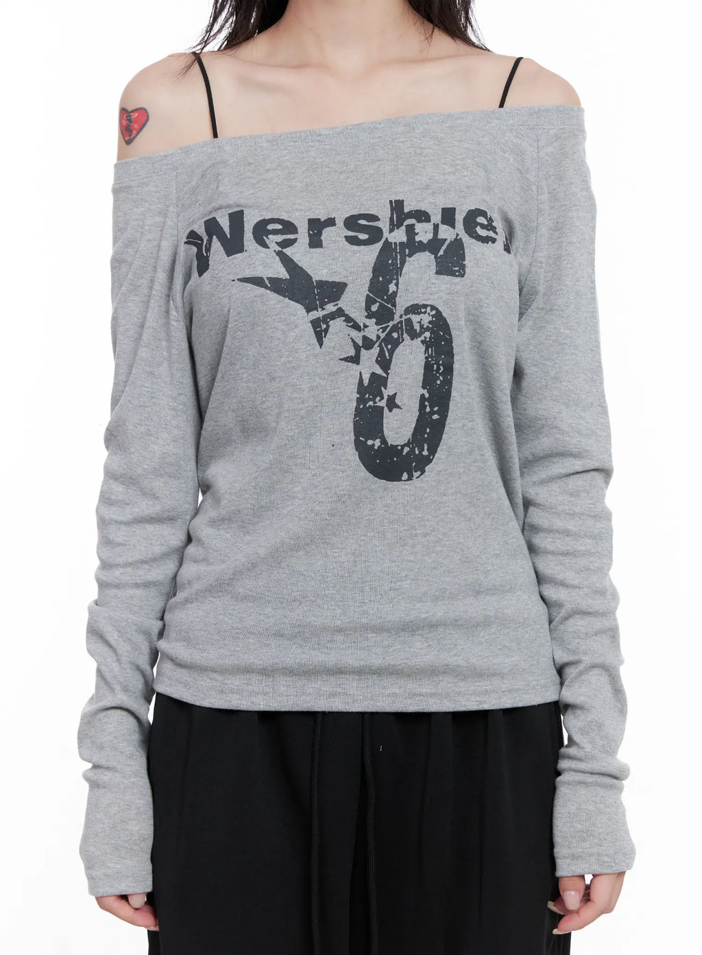 Graphic Off-Shoulder Long Sleeve Shirt CS529