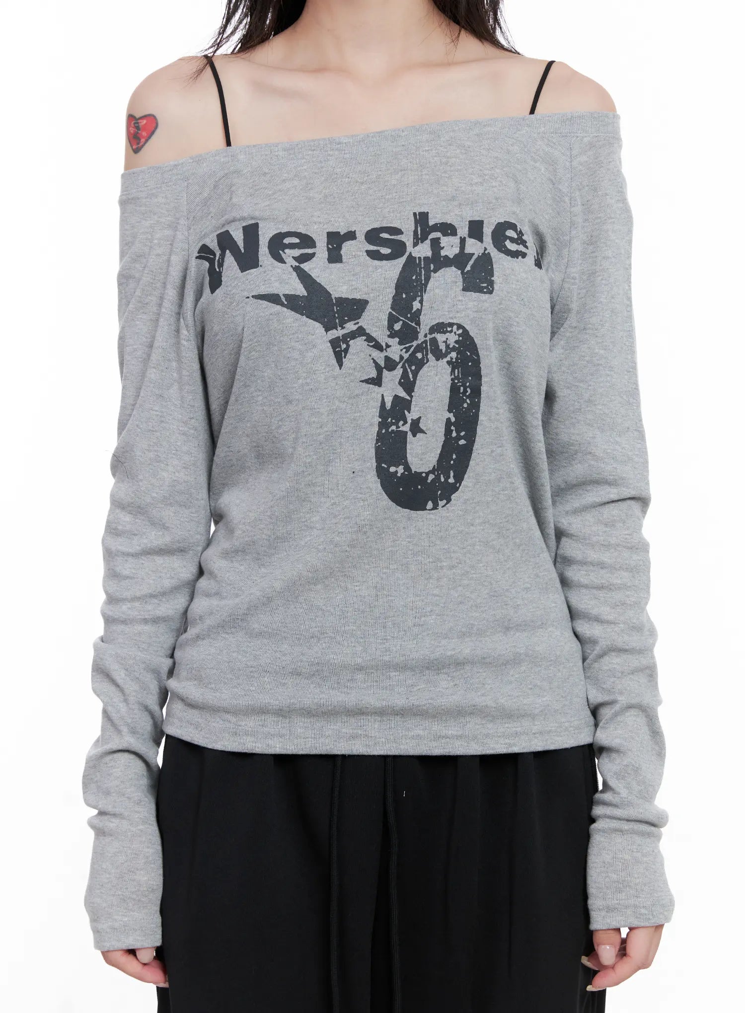 Graphic Off-Shoulder Long Sleeve Shirt CS529