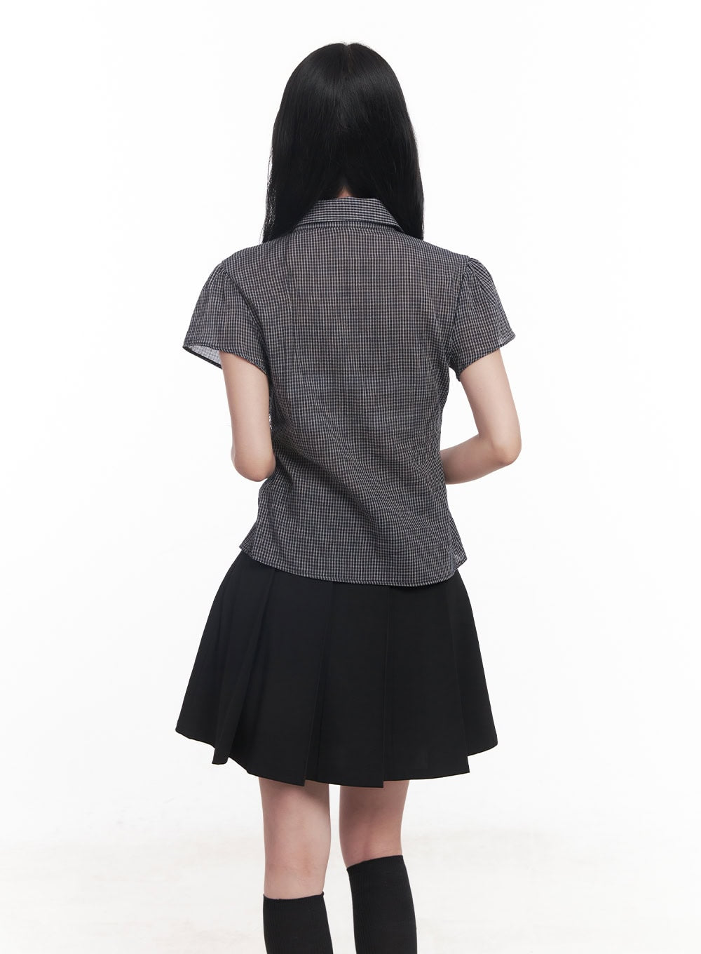 Checkered Puff Button Blouse Top CY526