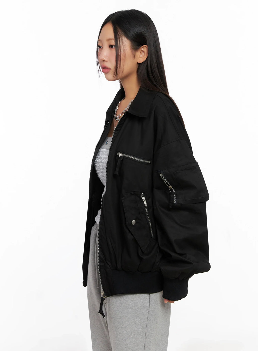 Oversized Zipper Bomber Jacket IG528